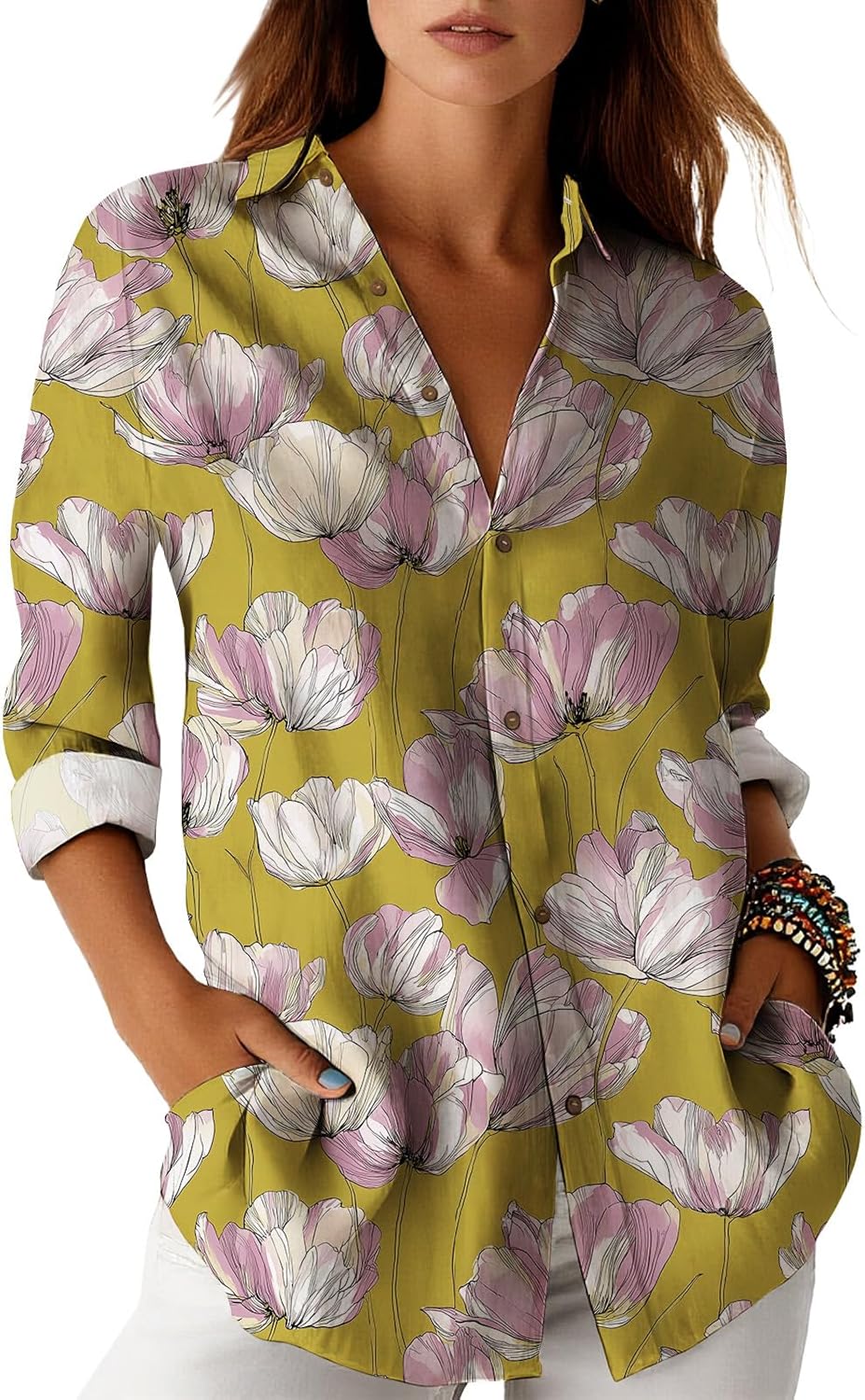Womens Floral Print Long Sleeve Button Down Shirt V Neck Collared Casual Loose Fit Cotton Blend Blouse with Pockets