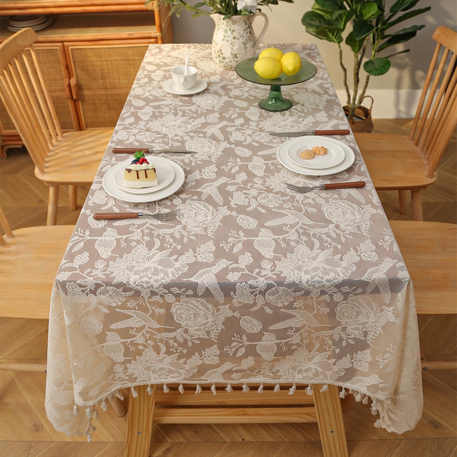 Nappe à franges rustique beige 140x220 cm en dentelle chic