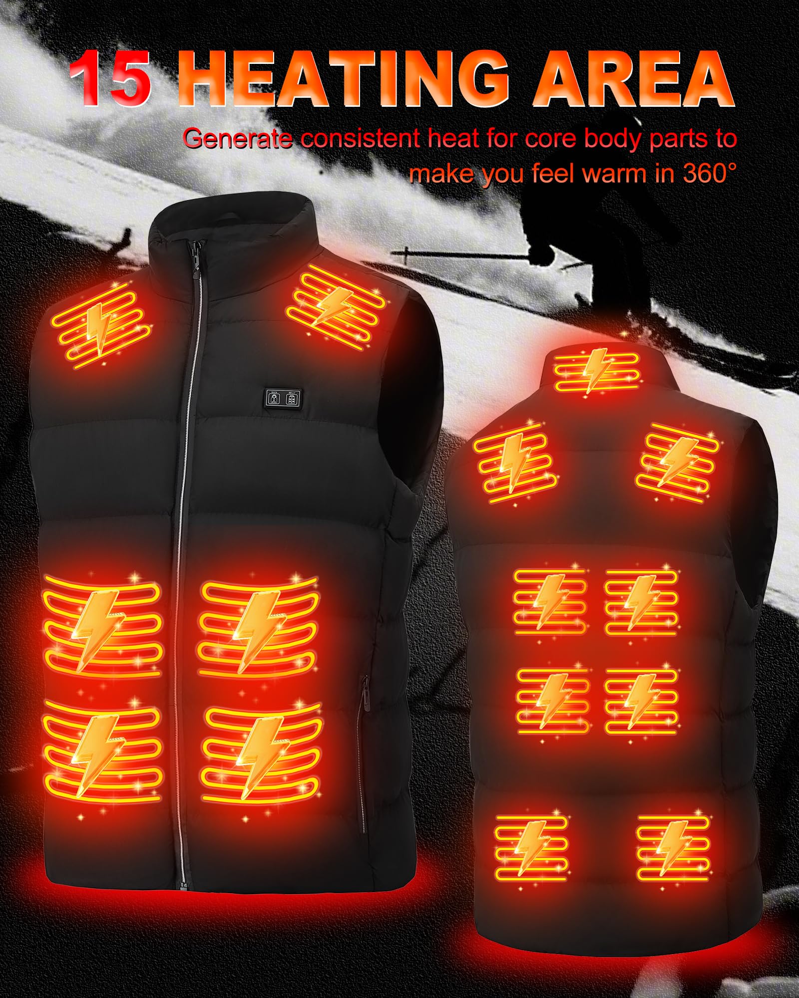 Gilet riscaldato per uomo e donna: gilet riscaldato leggero con USB con 3 livelli di temperatura e 15 zone di riscaldamento, giacca riscaldante elettrica invernale per escursionismo
