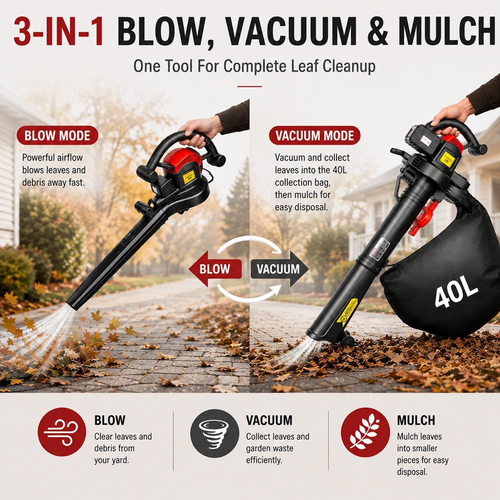 Soplador Aspirador de Hojas con Batería 40 V, Triturador 3 en 1
