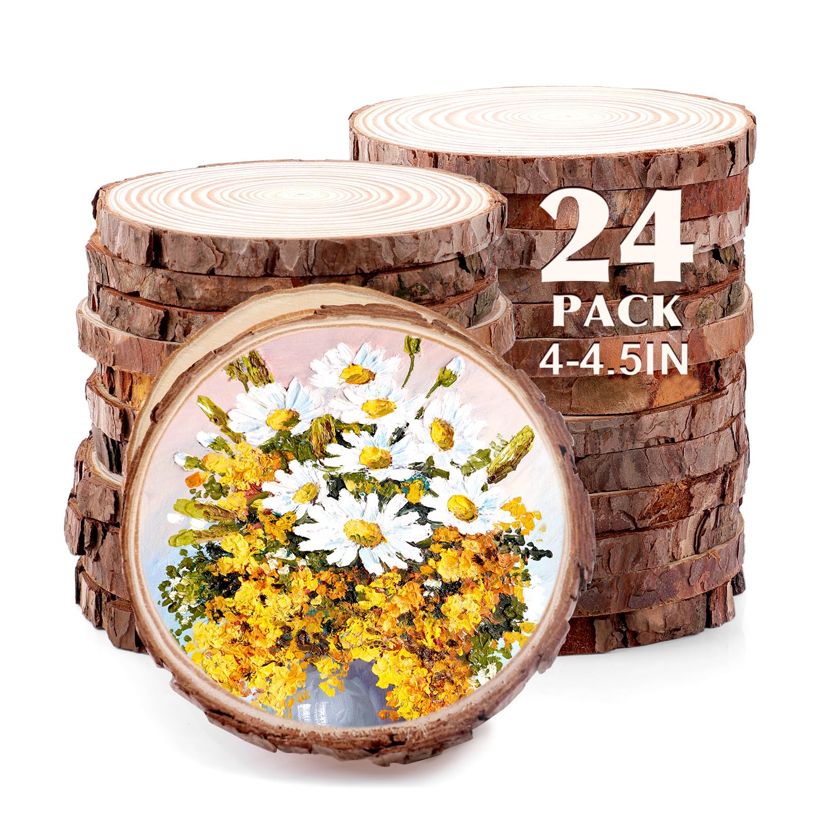 24 rodajas de madera natural sin terminar para manualidades, de 4 x 4 x 5 pulgadas, para manualidades, círculos de madera con corteza de árbol para adornos navideños, regalos de bricolaje, posavasos de madera, pintura.