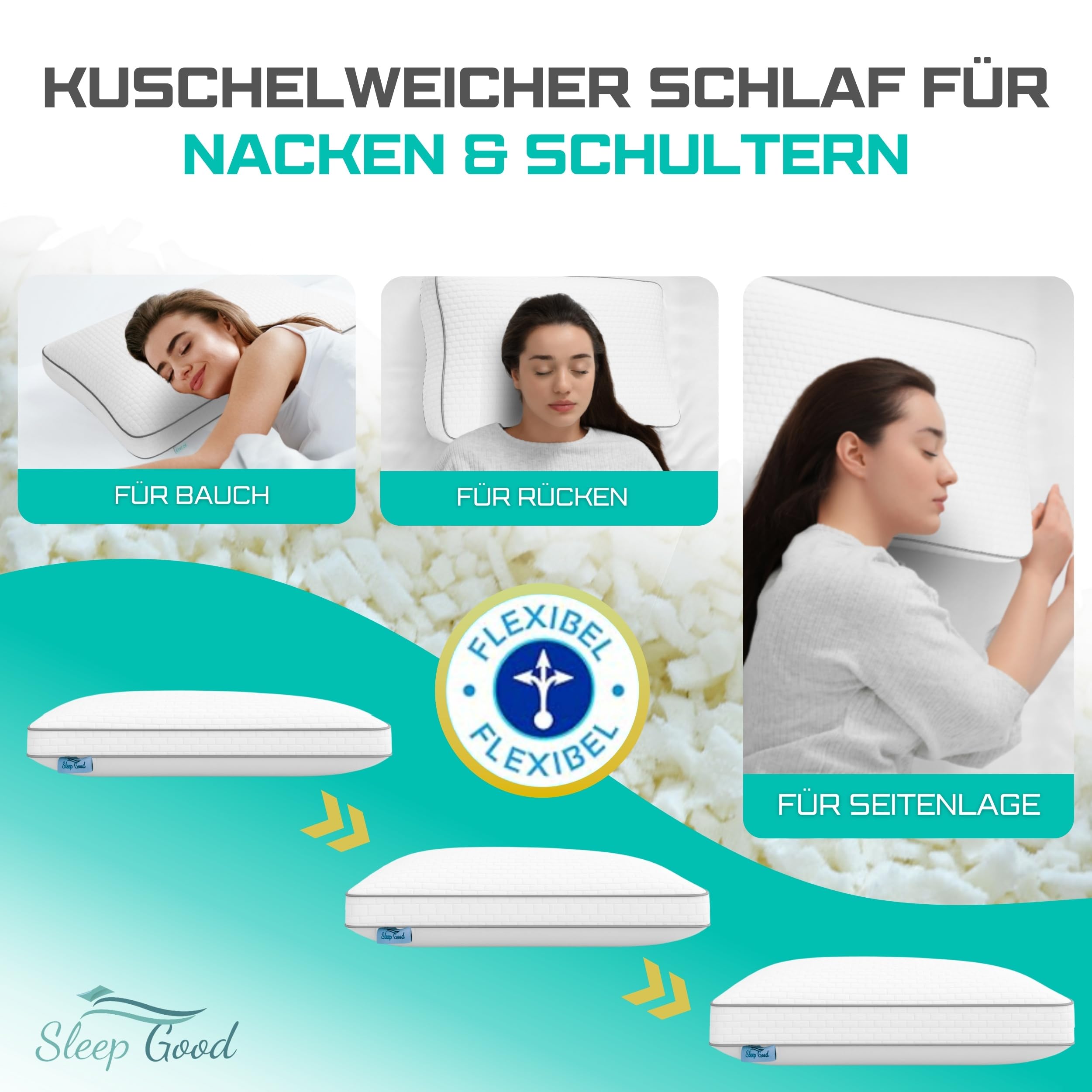 Sleep Good - Seitenschläferkissen mit Memory Foam Füllung - Ergonomisches Kopfkissen - Premium Nackenstützkissen - Orthopädisches Kissen - Bequemes Schlafkissen & Nackenkissen