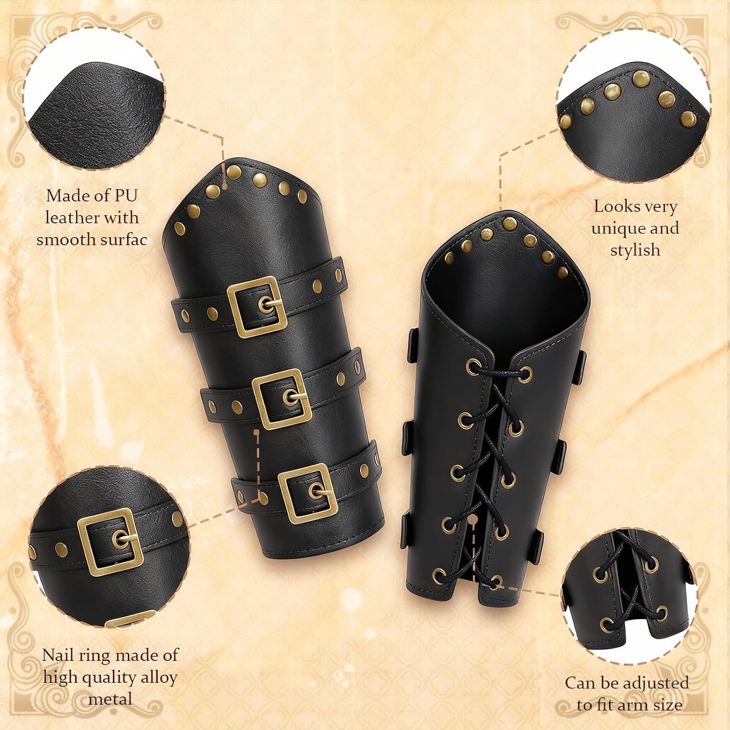 Renaissance Belt Pouch Set​​ Medieval Viking Pirate Leather Belt Pouch​​ & Bracers, Festival Accessories for Halloween (Black-A)