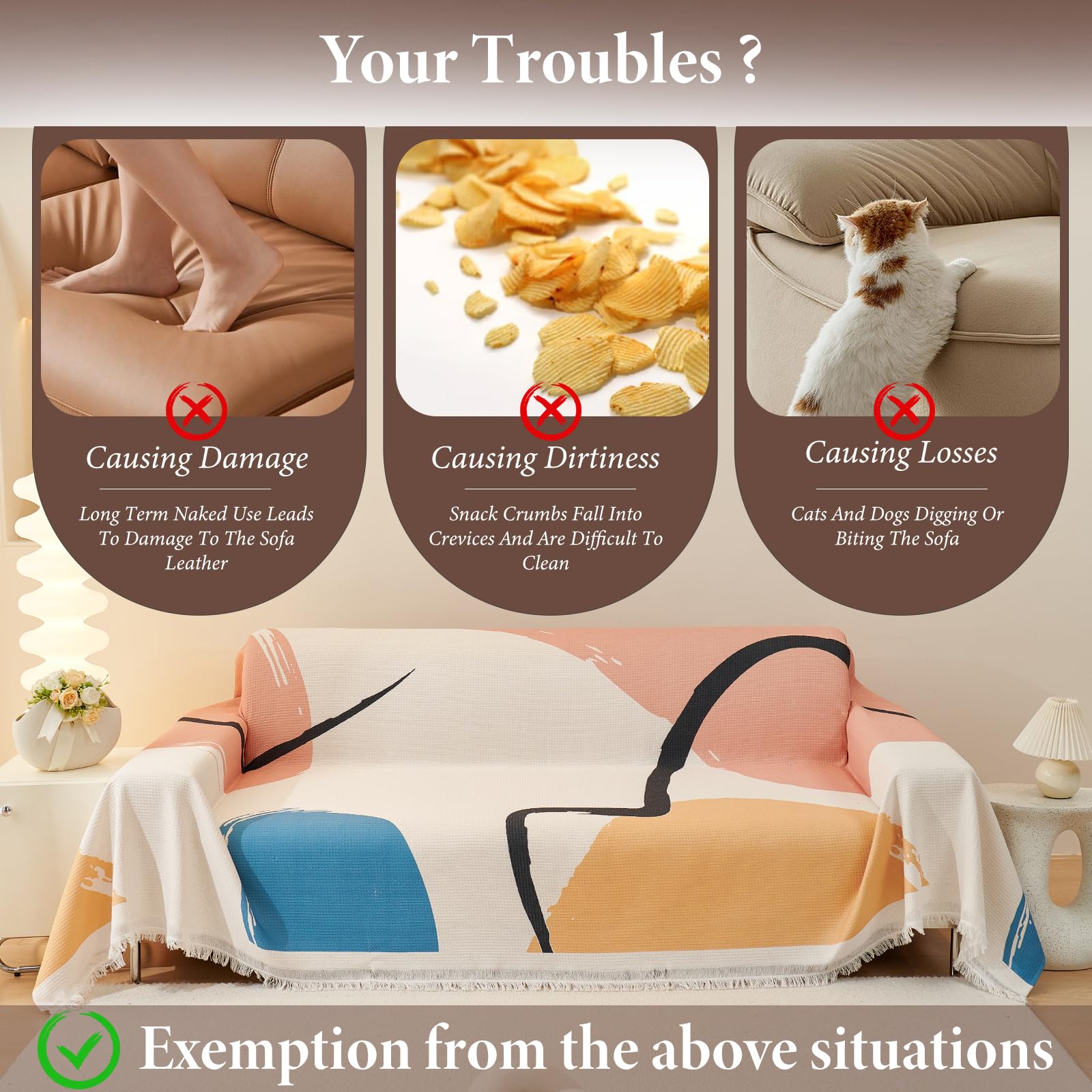 Fundas de Sofá Premium con Borlas - Manta Waffle, Transpirable, Resistente a Las Arrugas, Resistente a los Arañazos de Gato, Colcha Sofa Lavable a Máquina 180 * 360cm-Acuarela