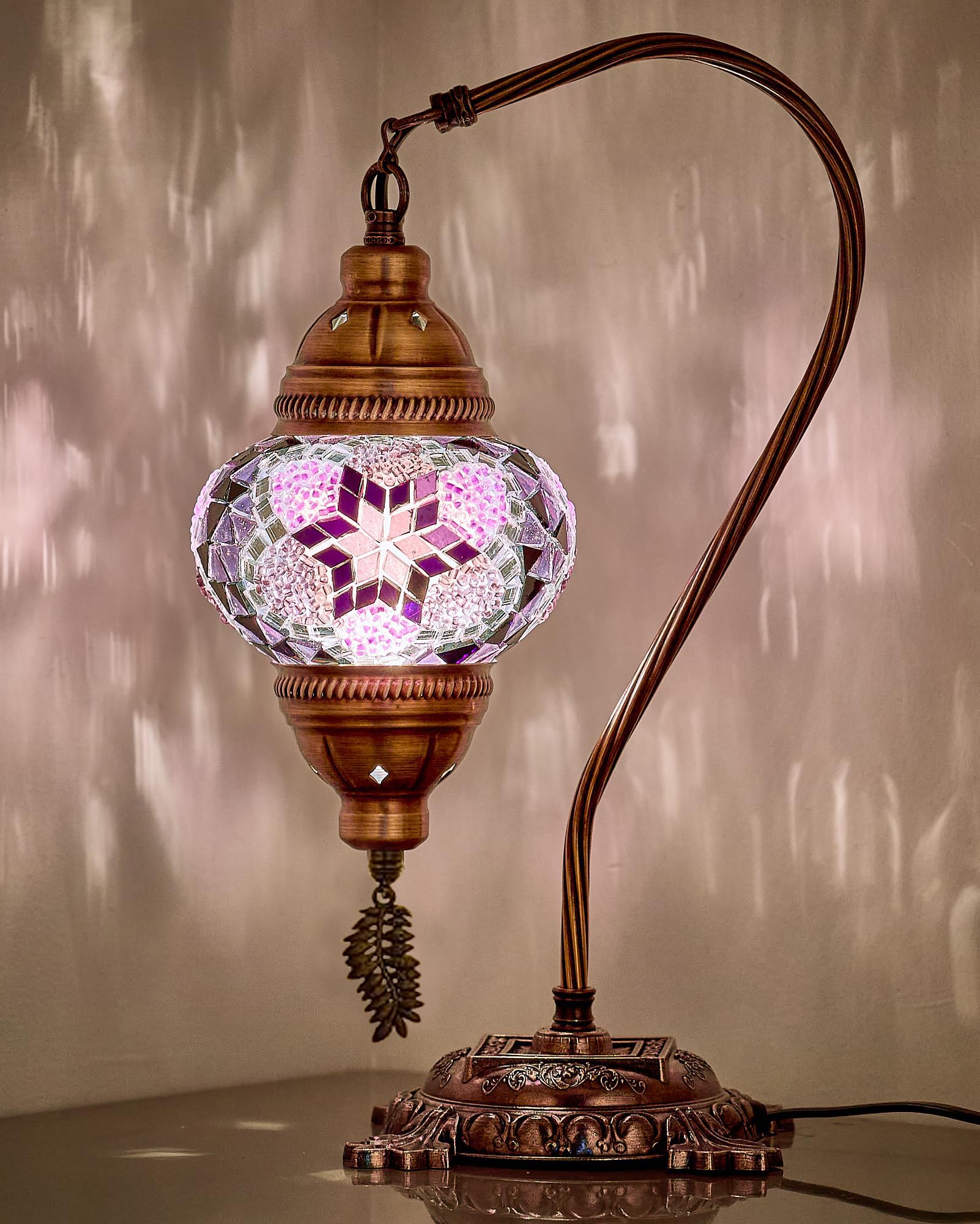 DEMMEX Turkish Moroccan Mosaic Table Lamp–Handcrafted Tiffany-Style Colorful Glass Swan Neck Bedside, Desk Light, Boho Artisan Accent Lighting for Bedroom, Living Room–38cm H, Purple [Energy Class A]