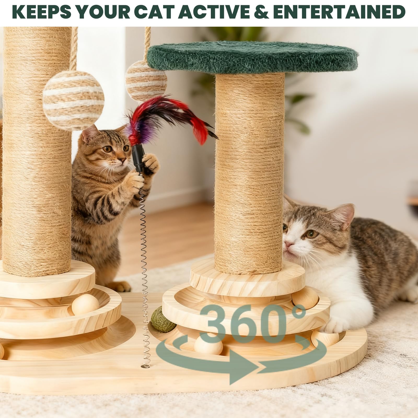 6-in-1 Katzenspielzeug Selbstbeschäftigung Holz, Kratzspielzeug für Katzen, Spielzeug mit Katzenminze, Katzenmöbel mit Rotierende Kugelbahn, Federn, Bälle, Juteseile & Sisalseil, für kleine Katzen