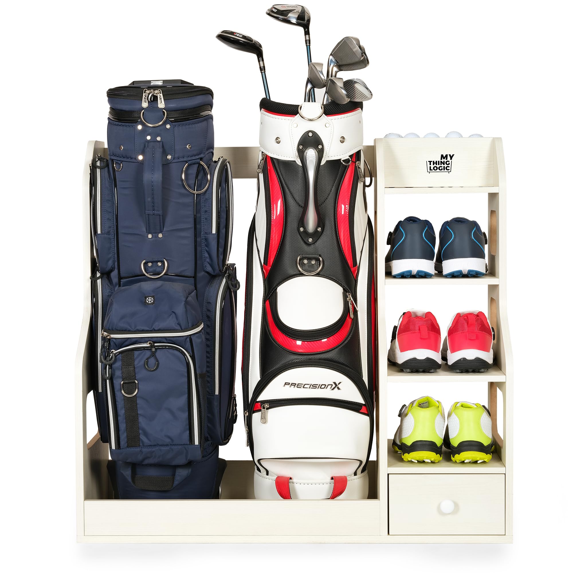 Mythinglogic Wooden Golf Bag Storage Rack for 2 Bags with Drawer
