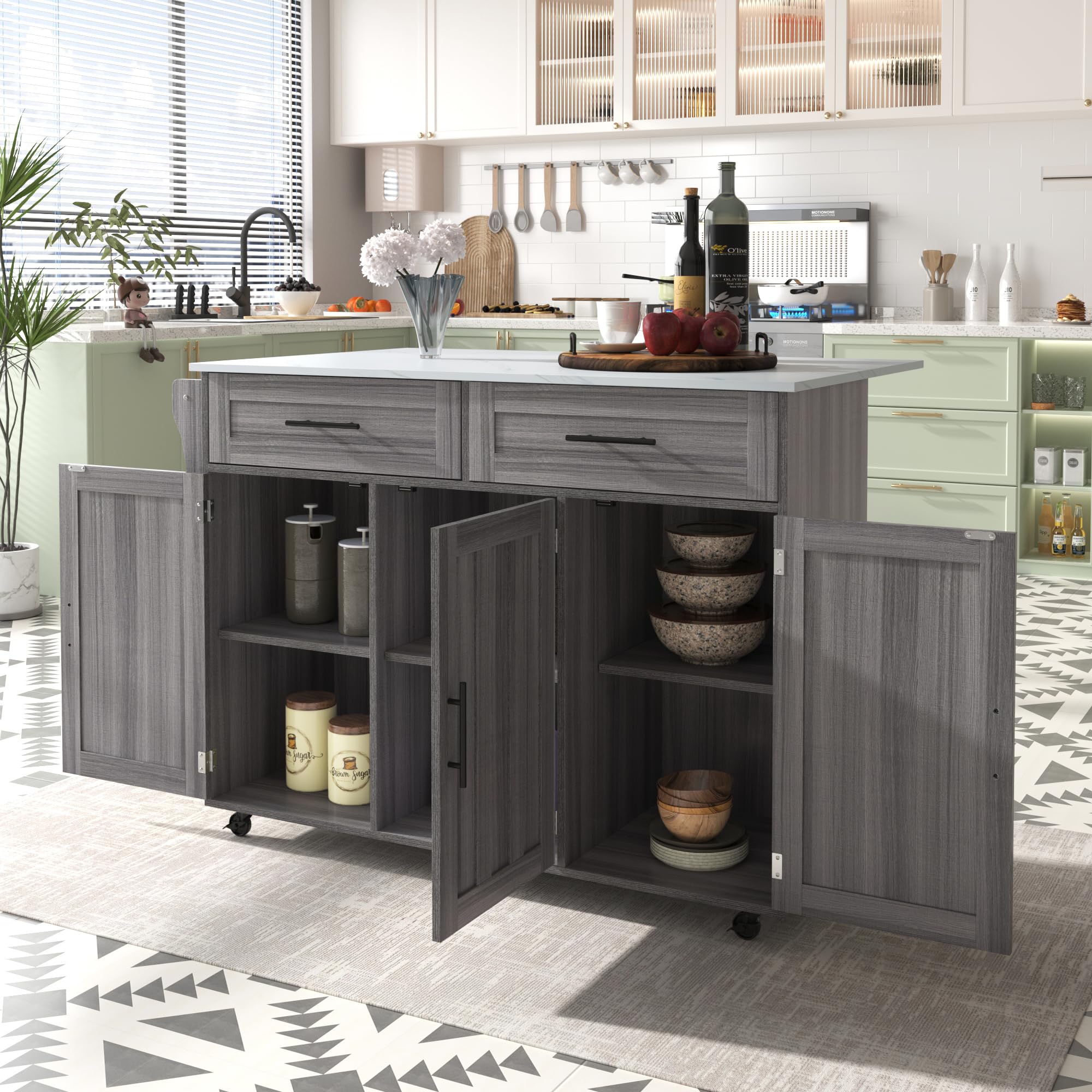 Carrello da pranzo con piano pieghevole, isola da cucina su 5 ruote, spazio di archiviazione con armadi e 2 cassetti, bianco e grigio cachi, 129 x 71 x 91,5 cm