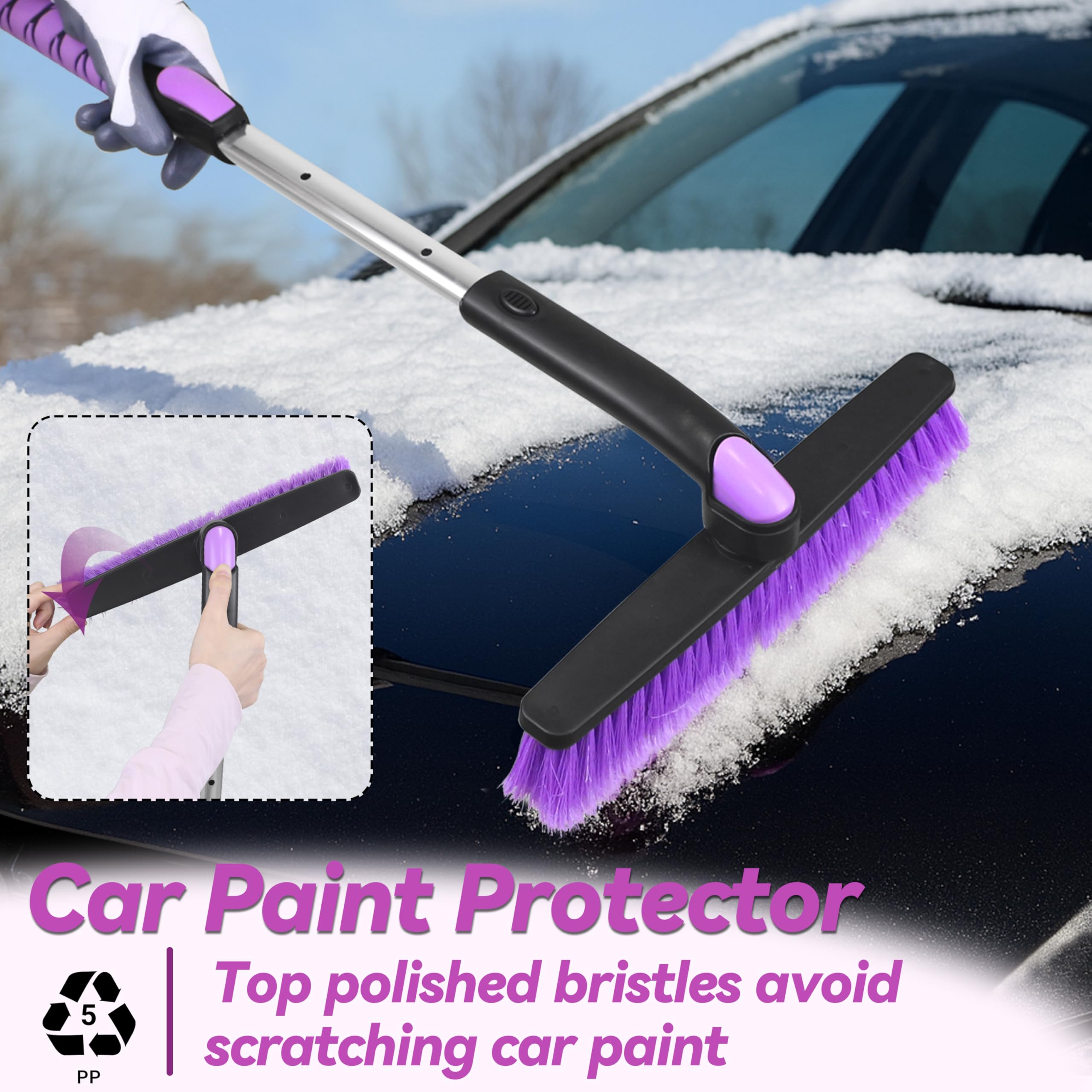 Gardzen Paquete de 2 cepillos de nieve extensibles de 57 pulgadas con raspador de hielo para parabrisas de automóvil, removedor de nieve de cabeza giratoria 2 en 1 para SUV, camión y automóvil