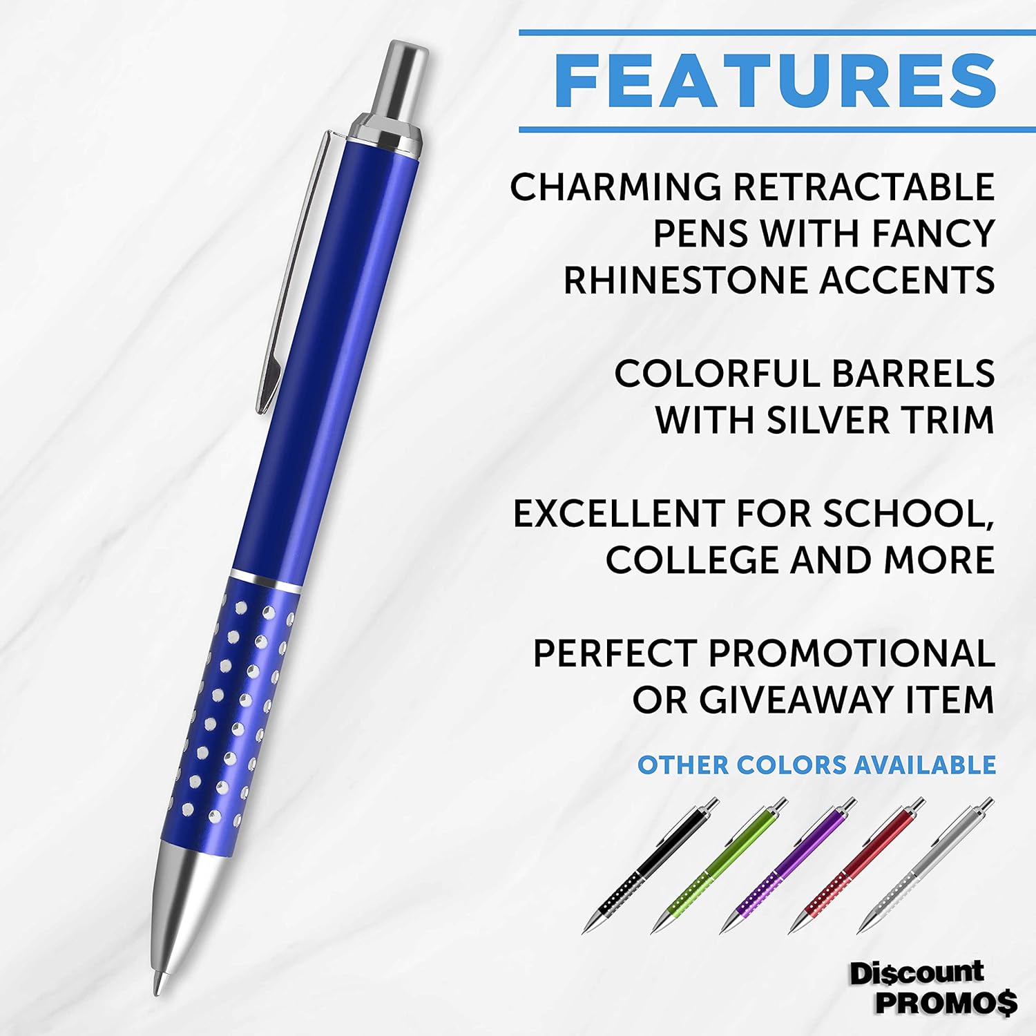 DISCOUNT PROMOS 10 Rhinestone Pens Pack - Retractable, Black Ink - Blue