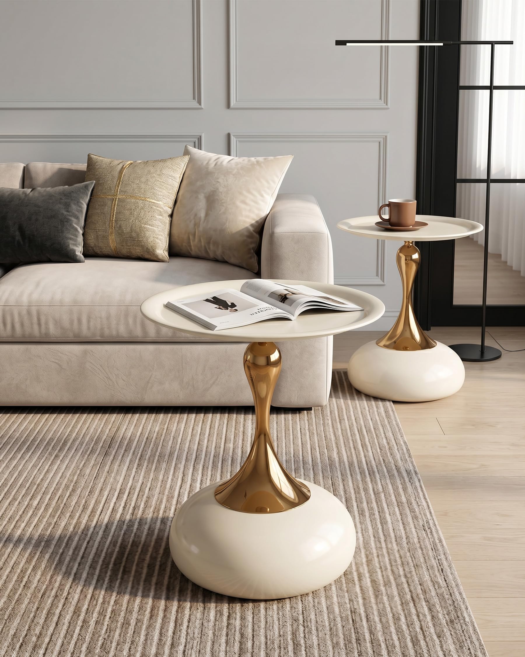 Mesa Auxiliar Sofa Beige y Dorada para Salón, Mesita de Centro de Diseño en Metal, Set de 2 Mesita Auxiliar Pequeños para Sofá o Dormitorio, Side Table de Jardín Exterior, 40x53cm