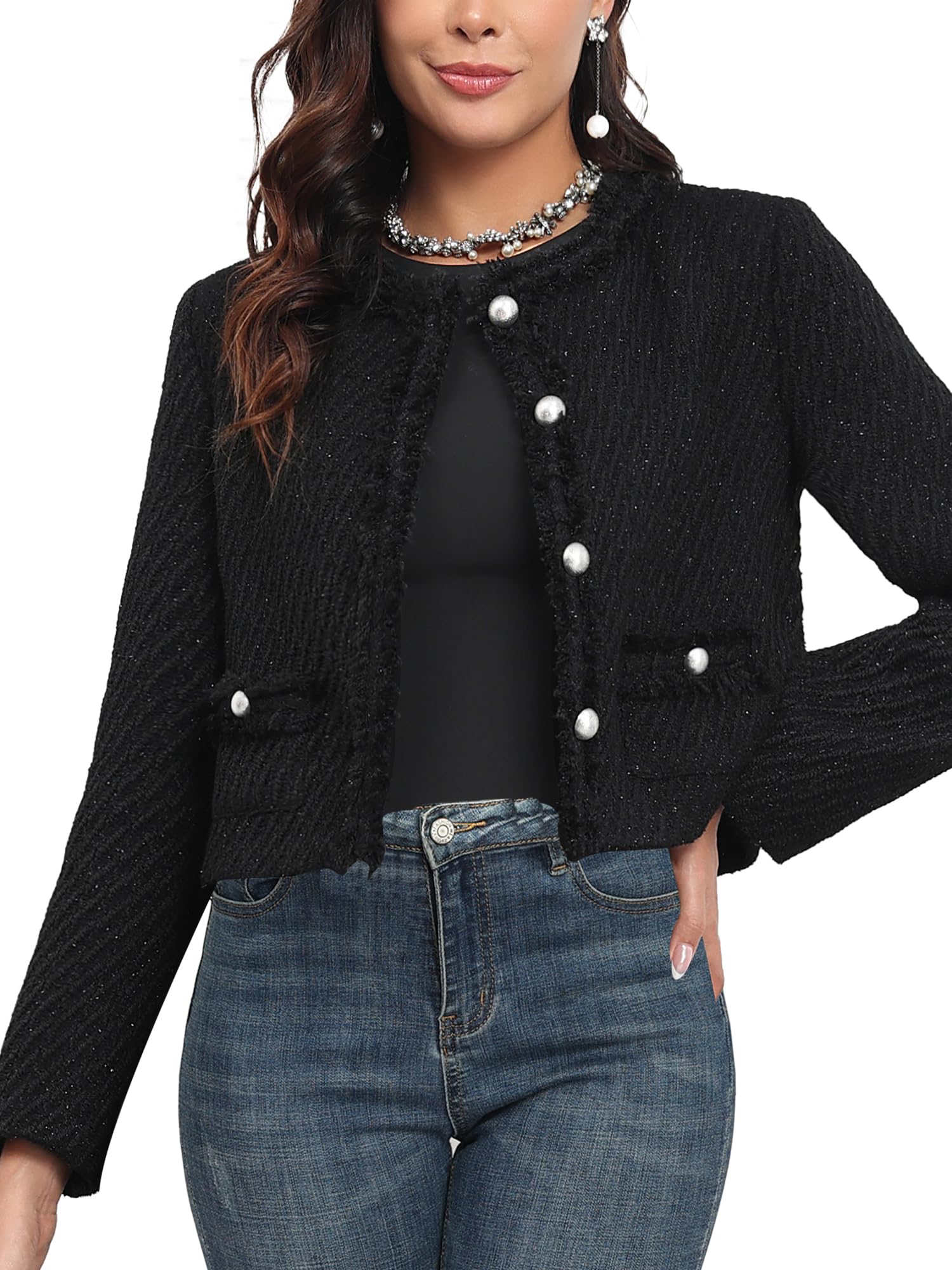 Photo 1 of M.Infisavo Tweed Blazer Jackets for Women Fall Winter Long Sleeve Elegant Work Business Casual Cropped Jacket Black L