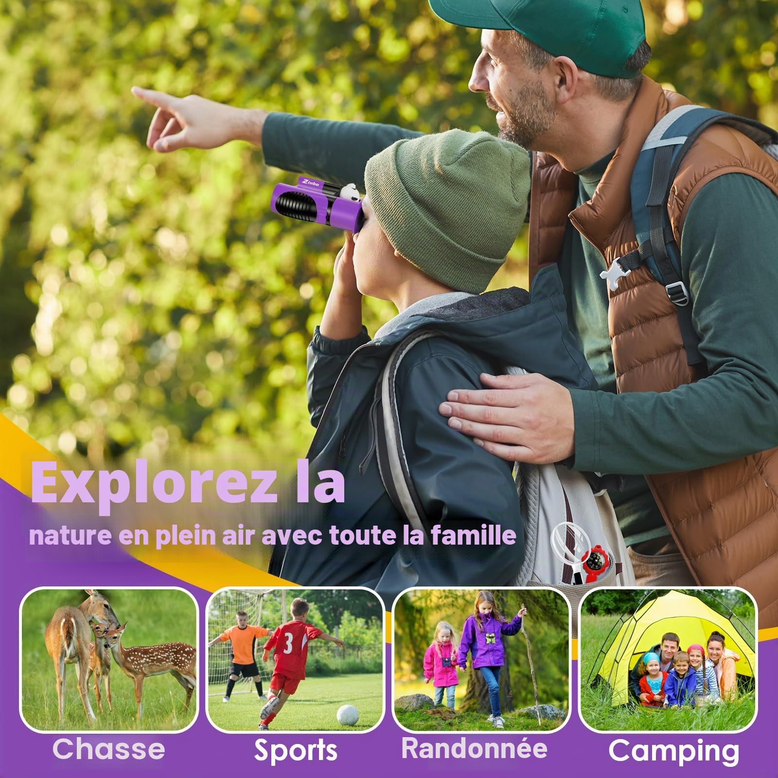 Jumelles pour Enfants 8x21 Haute résolution avec loupe et Boussole sifflet, Jumelles pour Enfants de 3 à 12 Ans, garçons et Filles en Plein air, Voyage, Exploration de la Nature (Violet)
