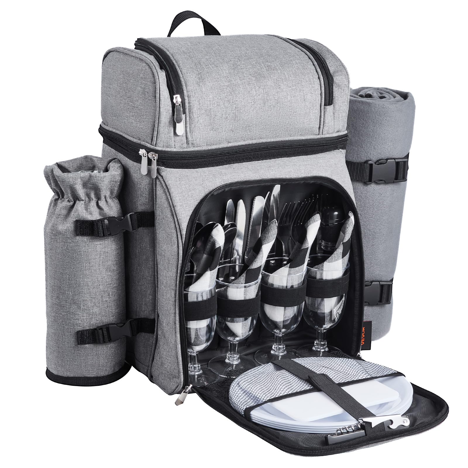 VEVOR Sac à Dos Isotherme pour 4 Personnes, Sac à Dos de Pique-Nique Randonnée Camping, avec Compartiment Isotherme, Porte-Bouteille Amovible, Couverture Légère et Kit Assiettes et Couverts, Gris