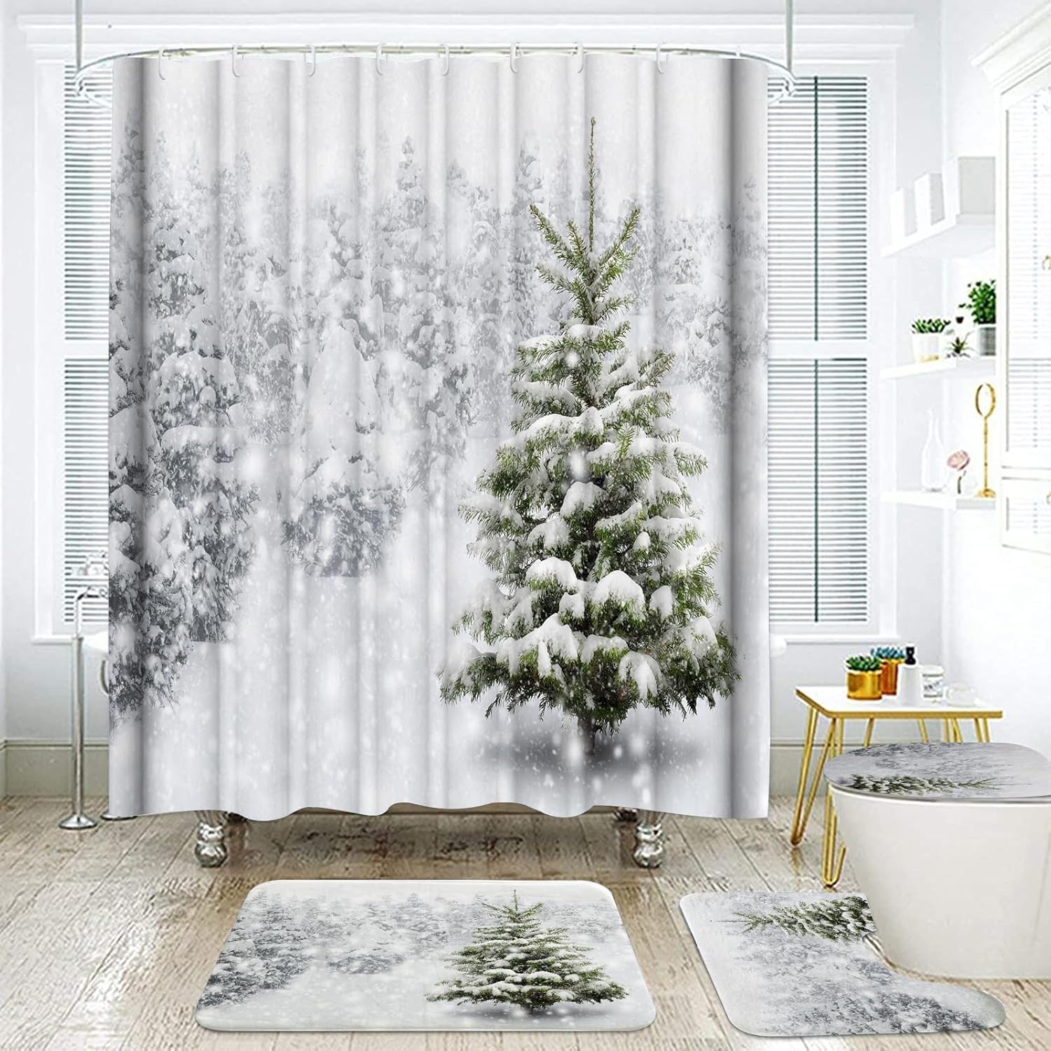 Onalasyc 4-Piece Christmas Shower Curtain Set,Winter Christmas Tree Snowflake Shower Curtains Holiday Bathroom Set with Shower Curtain and Rugs Waterproof Durable Fabric Bathtub Sets Home Decor,White