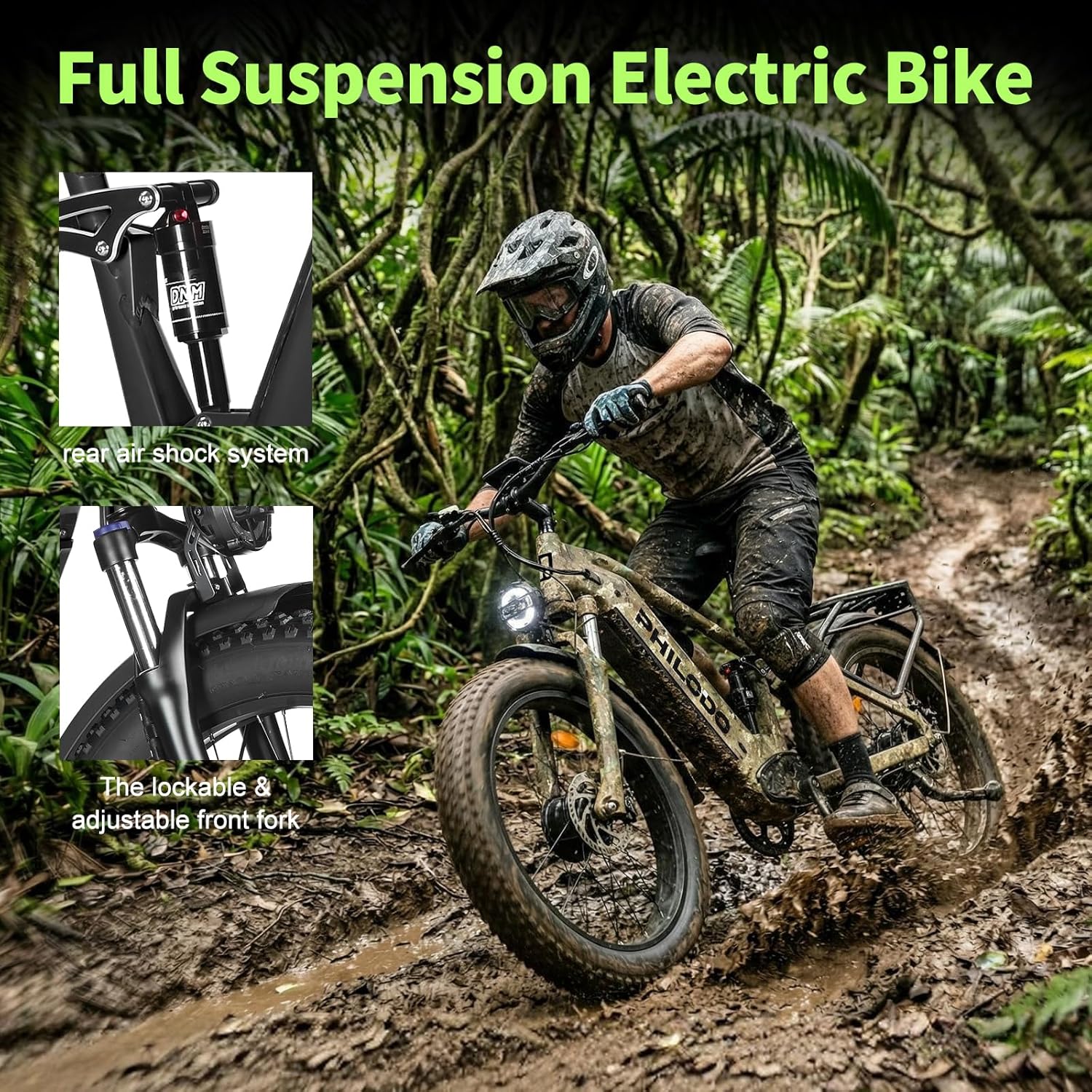 PHILODO 5000w Dual Motor E-Bike 60V Electric Bike for Adults,45 MiIe P-Hour Full Suspension Hydraulic Disc Brakes EBike,26/24x4 Fat Tires Mountain Bikes for All Terrain Snow/Sand