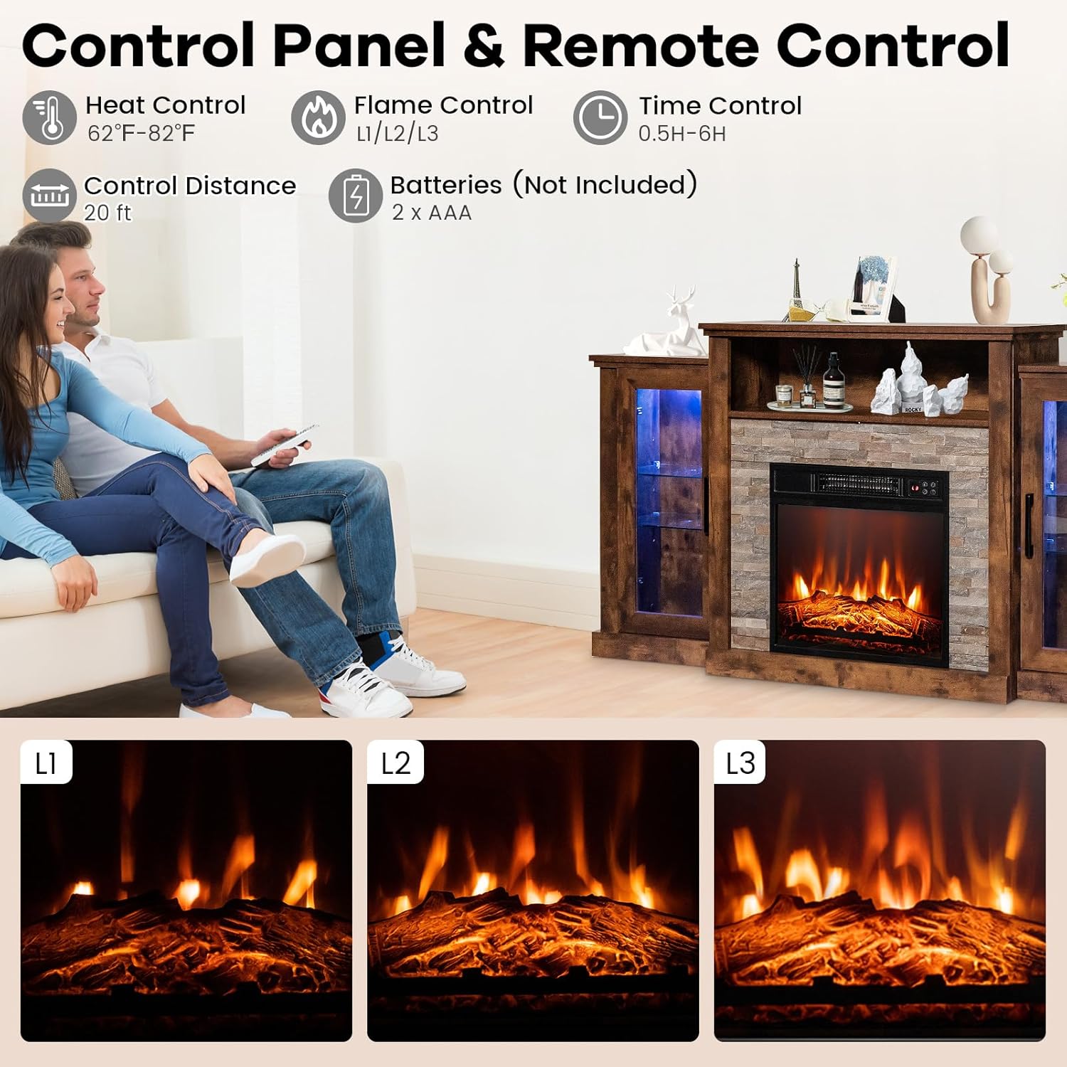 RELAX4LIFE 59" Fireplace TV Stand for 65" TVs, Entertainment Center w/18 Fire Place, LED Lights, APP & Remote Control, TV Console Table for Living Room, Electric Fireplace with Mantel (Rustic)