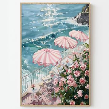 Beach Umbrella Canvas Wall Art Coastal Landscape Pictures Pink Rose Painting Summer Artwork Pink and Blue Ocean Posters Trendy Beach Prints Coastal Flower Wall Art Sea Wave Picture 16x24inch No Frame