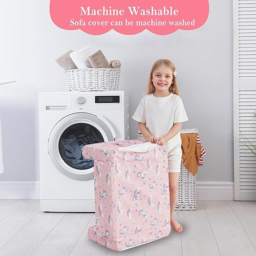 Miniatura 8 de Sofá infantil plegable 2 en 1, sofá convertible a tumbona para niñas y niños, con funda extraíble y bolsillos dobles, unicornio rosa