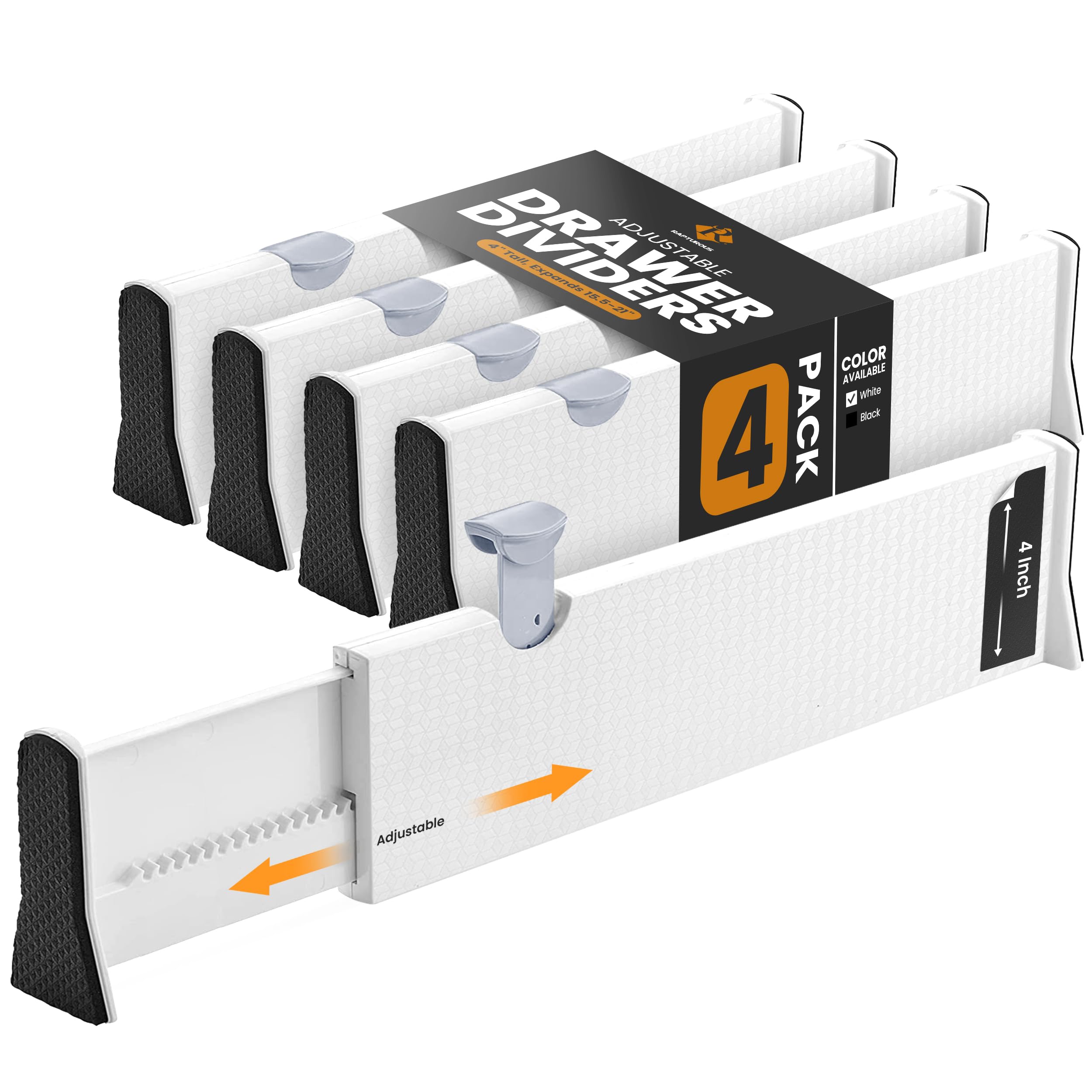 RAPTUROUS Extra-Long Drawer Divider - 4 Inches High, Expands from 15.5-21 Inch, Adjustable Tall Dividers for Kitchen, Room - Expandable Organizers for Clothes, Dressers - 4 Pack White Deep Separator