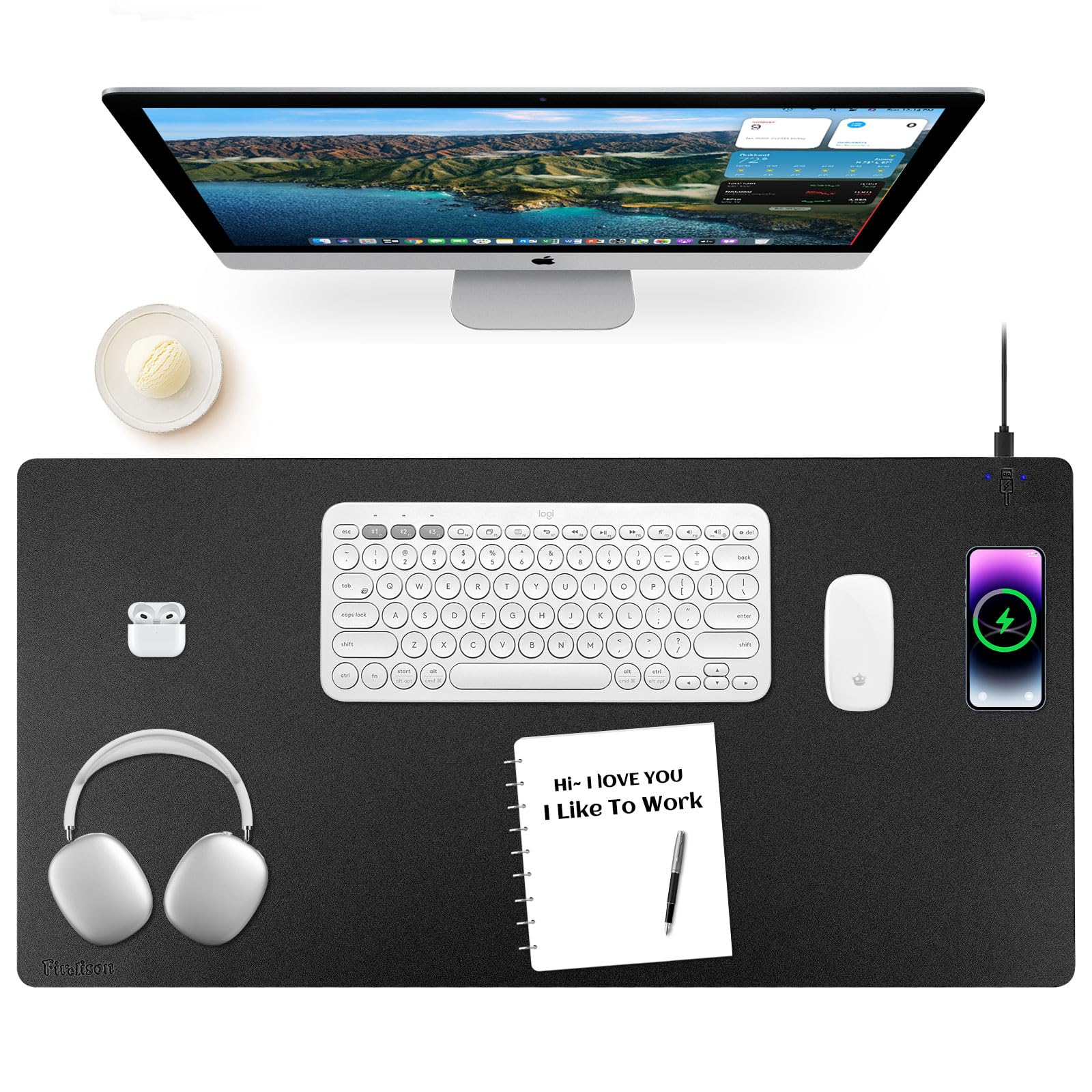 Wireless Charging Mouse Pad Firelison 2 in 1 Leather Multifunctional Office Desk Pad with Non-Slip Rubber Base, Waterproof Desk pad for Computers/