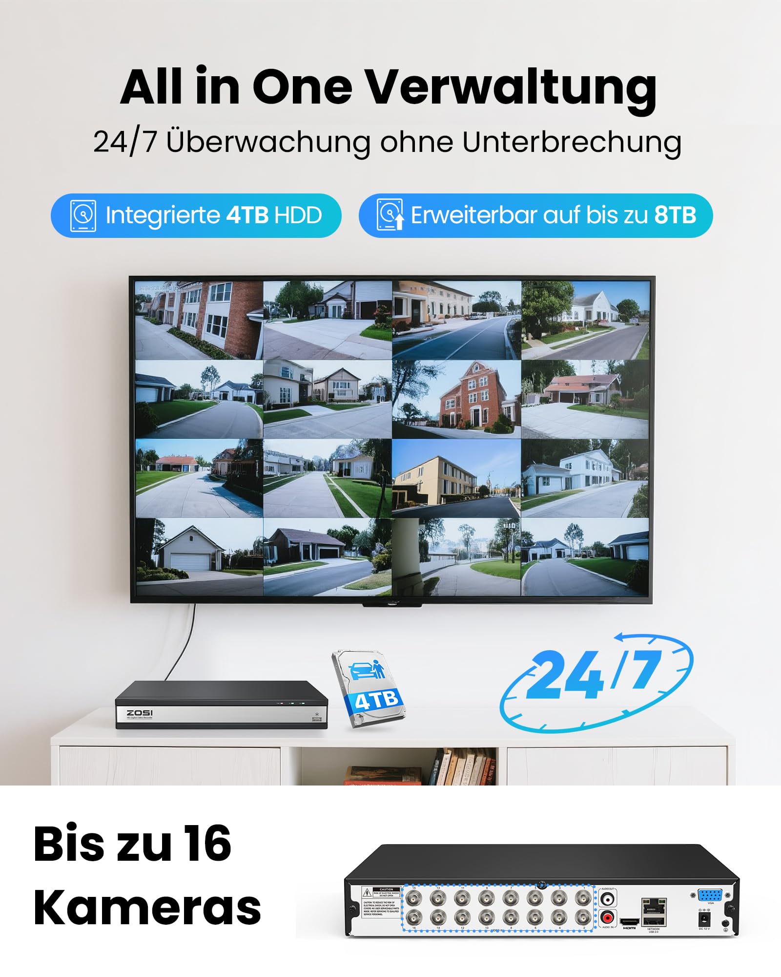ZOSI 16CH H.265+ 1080P DVR Video Recorder mit 4TB Festplatte | KI-Erkennung, Hybrid 4in1 AHD CVI TVI CVBS Überwachungsrecorder, 16-Kanäle Verkabelt BNC Eingang, HDMI VGA Ausgang
