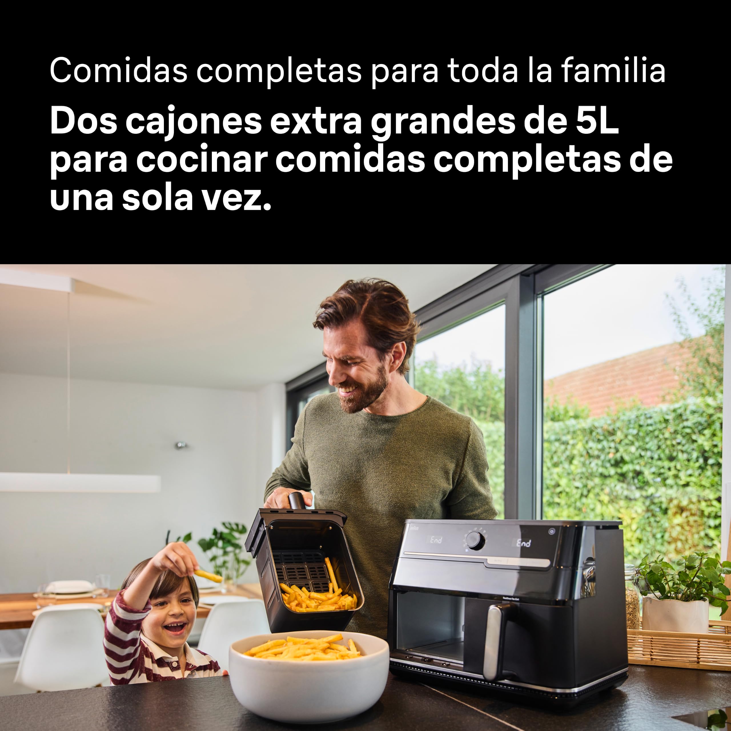 Braun TwinCook 5 - Freidora de Aire de Doble Cesta 10 L, Air Fryer Grande con Función Horno de Aire, Sync & Match, 15 Programas, Cocina sin Aceite, Fácil de Limpiar, 2850 W, Negra (TD 5053I BK)