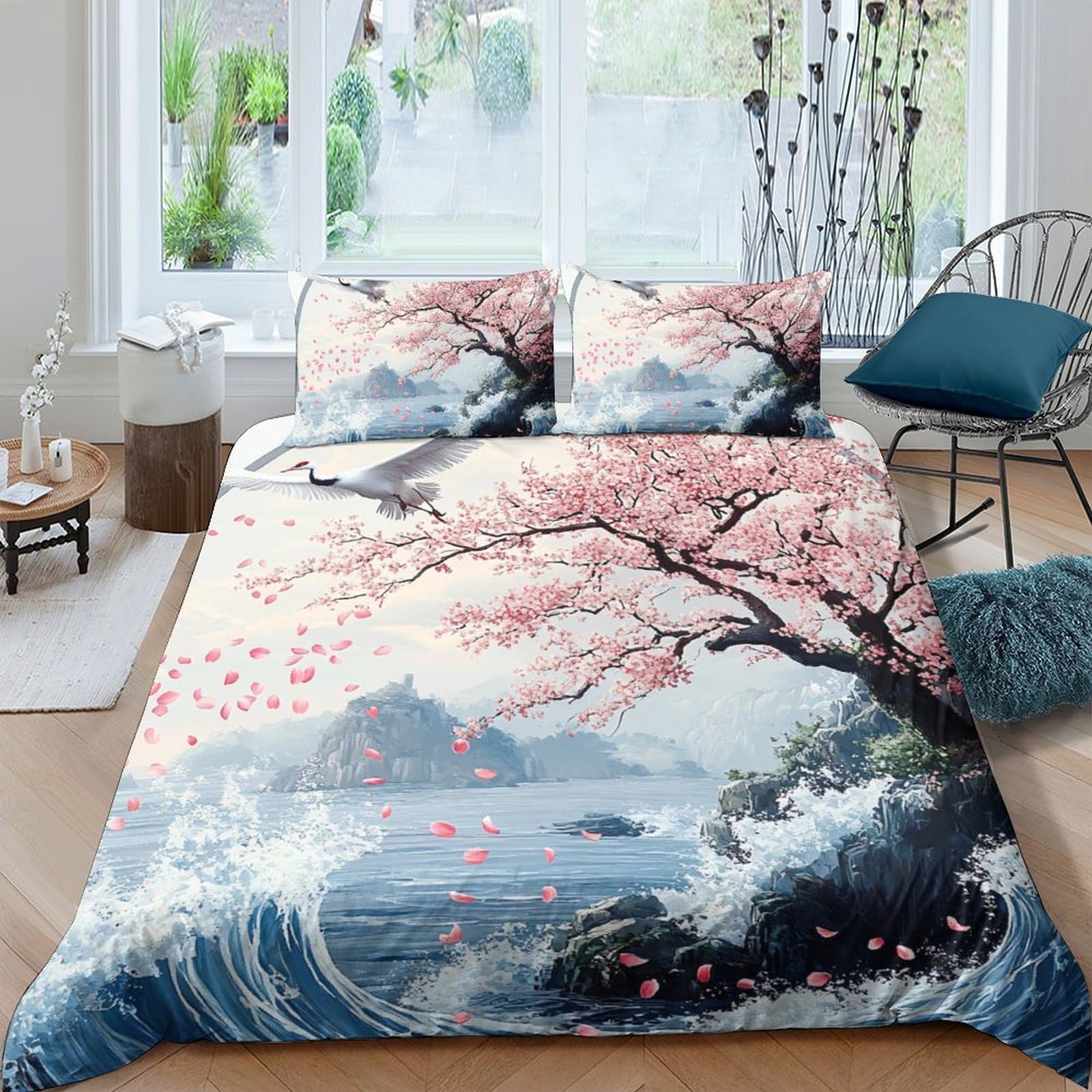 Ctjqhvkz Style-5 3D Printed Cherry Blossom Wave Fitted Sheet Microfiber Soft Breathable Japanese Art Bed Cover For Bedroom Guest Room Single（135X200cm）