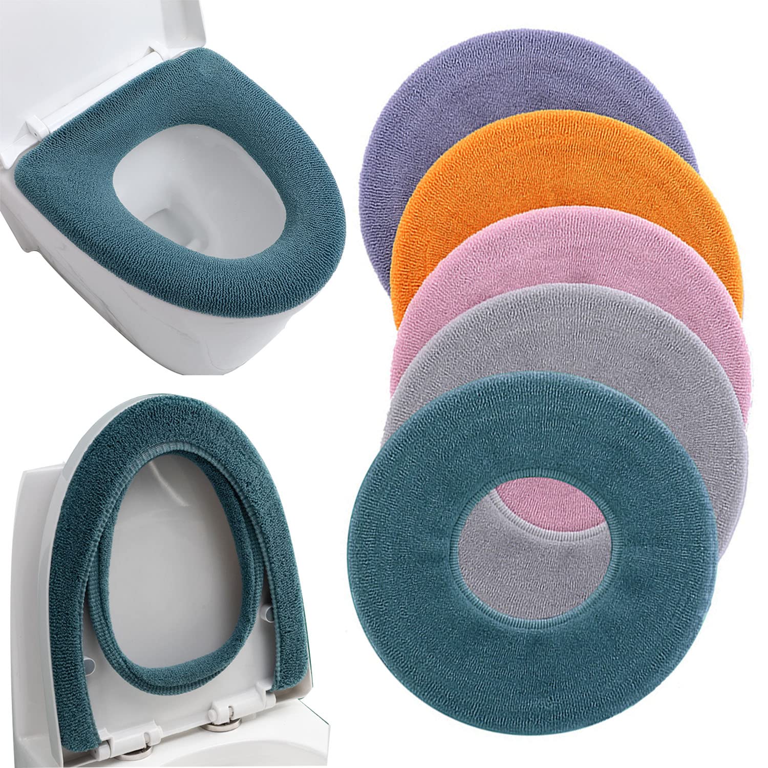 Guojanfon 5 Pcs Thicker Bathroom Soft Toilet Seat Cover Pad-Warmer Toilet Seat Cushion Cover Stretchable Washable Fiber Cloth, Comfortable (5 Random Color) — image 1