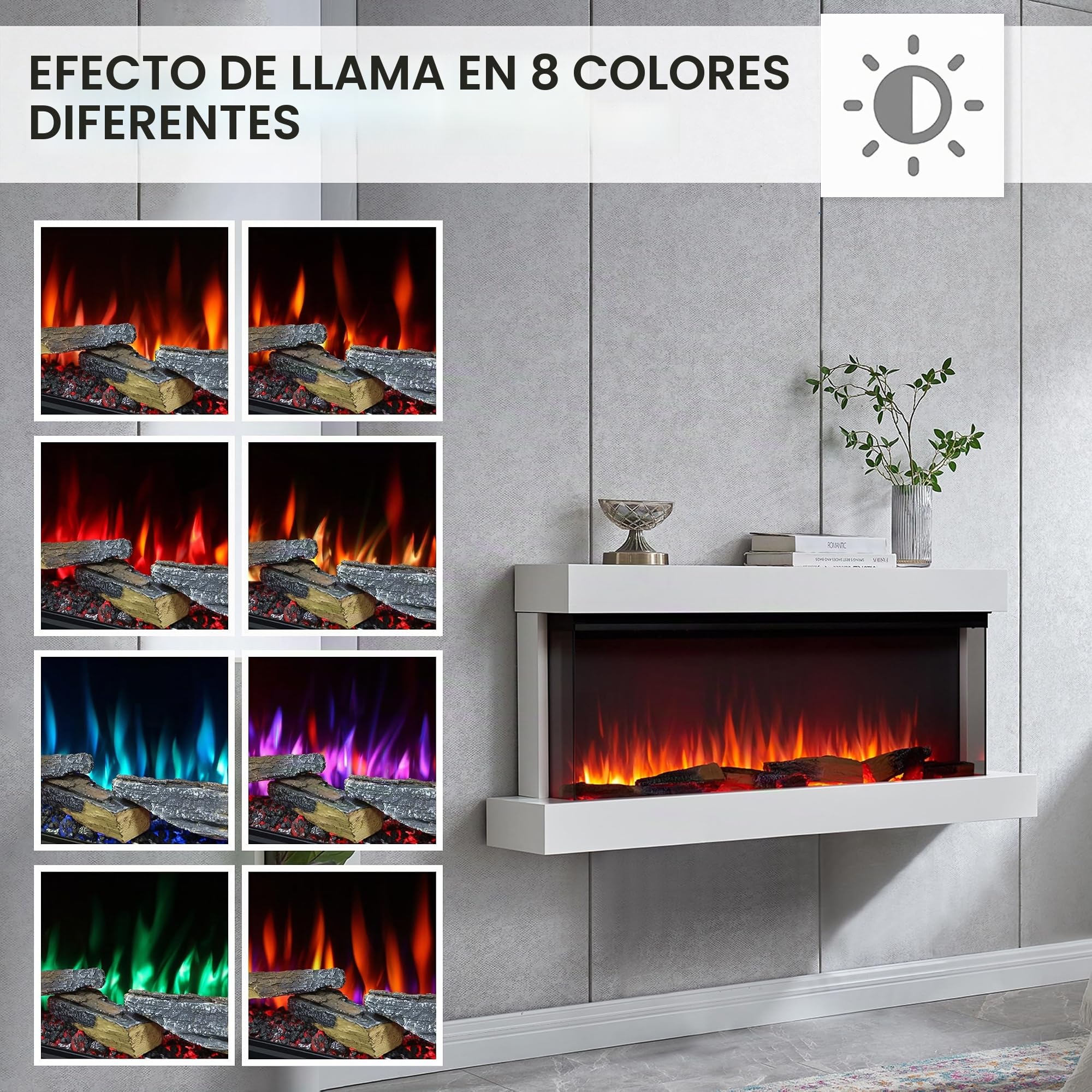 BALDERIA Achilles L - Chimenea eléctrica de Pared - Blanco | Calefacción 1500W, iluminación LED, WiFi, control por App, sonido de crepitación, mando a distancia