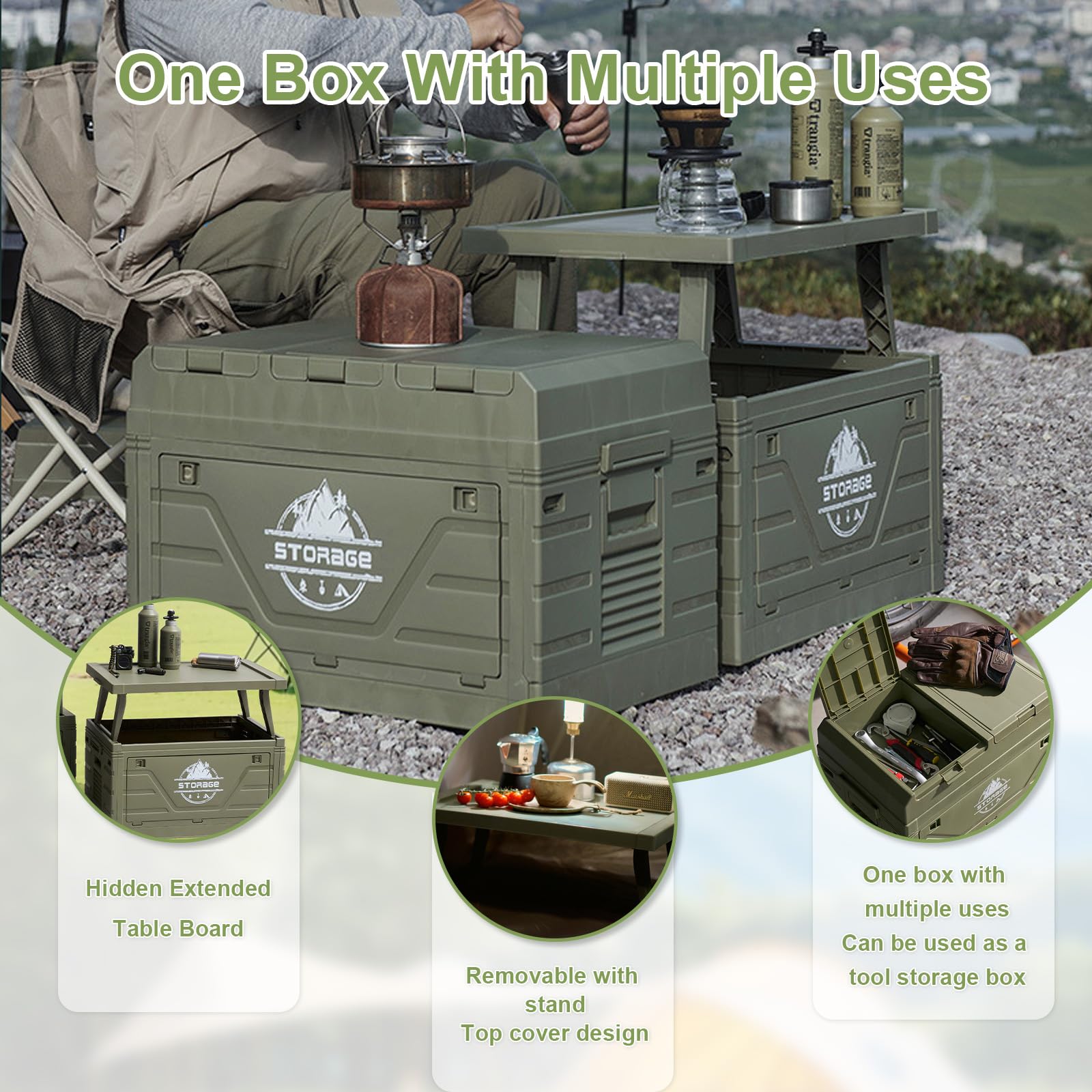 Grande boîte de rangement de camping, armoire de rangement pliable, table de rangement pliable 2 en 1, multifonctionnelle, pour fête de jardin, pique-niques, voyages en plein air, organisateur