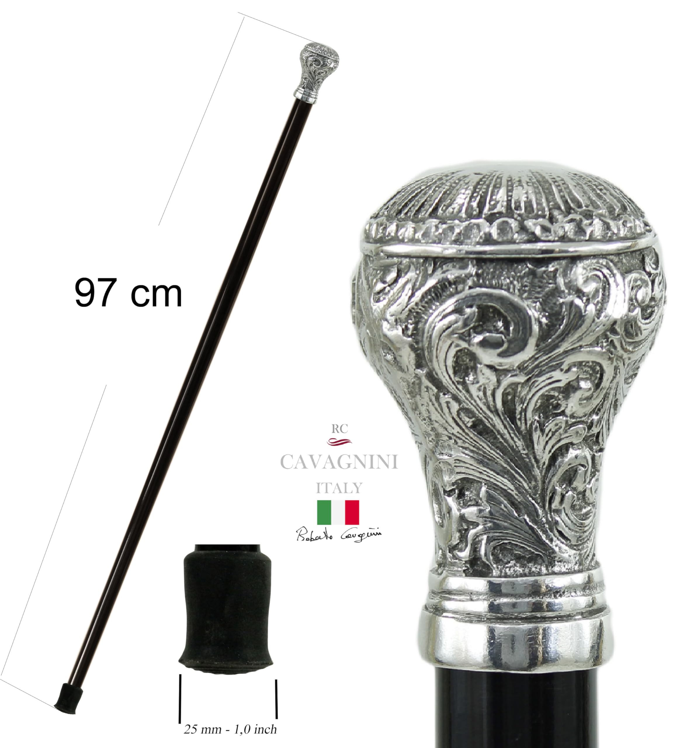 Bastone da Passeggio Artigianale Cavagnini in Legno di Negro, Maniglia Metallica Cesellata - Elegante per Cerimonie, Regalo per Uomo e Donna - Altezza 97 cm, Portata 135 kg - Fatto a Mano in Italia