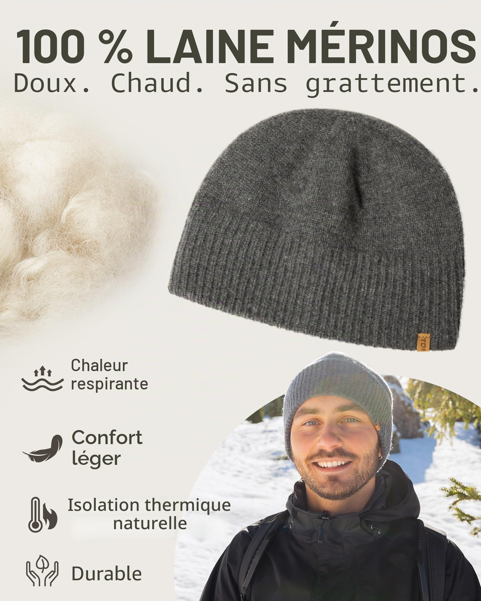 TOP-EX XL/XXL 100 % laine mérinos, bonnet d'hiver en laine pour homme et femme, bonnet en tricot, bonnet de pêcheur, bonnet de trawler, doublure polaire chaude