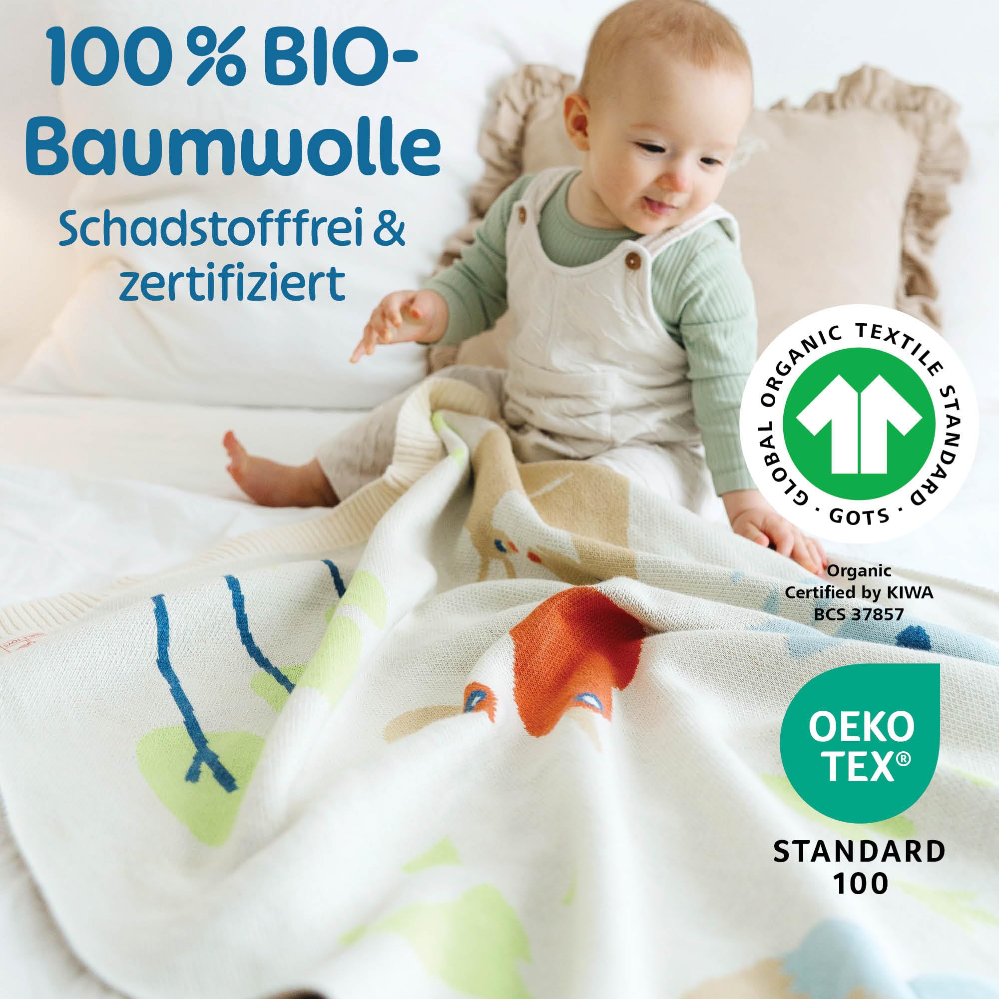 Merle Toys® Manta para bebé de algodón, 100 % orgánico, con certificación GOTS & Oeko-Tex, manta de punto para recién nacidos, regalo de nacimiento para niñas y niños, manta para bebé, amigos de