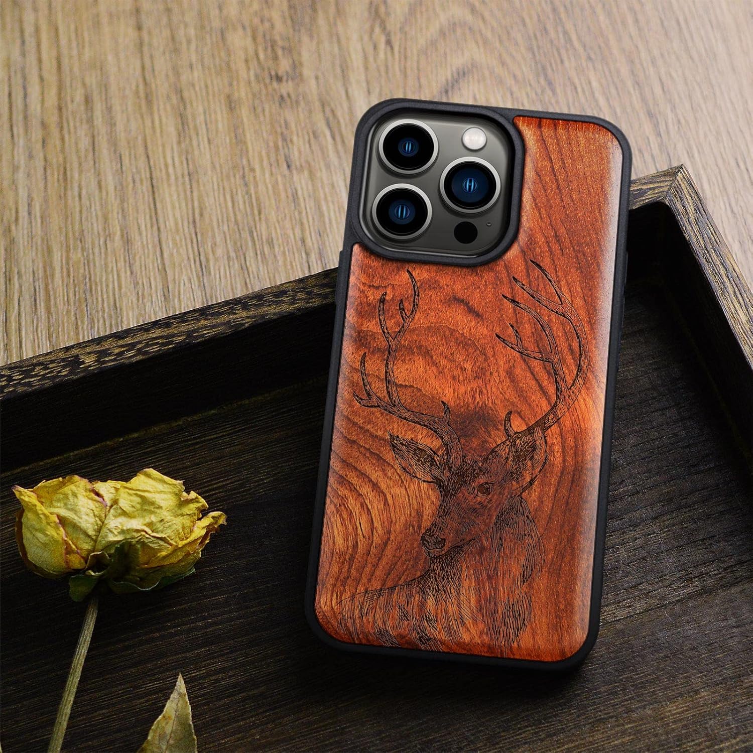 Carveit Magnetic Wood Case for iPhone 14 Pro Case [Natural Wood & Black Soft TPU] Unique & Classy Wooden Shockproof Protective Cover Compatible with magsafe (Deer Head -Rosy)