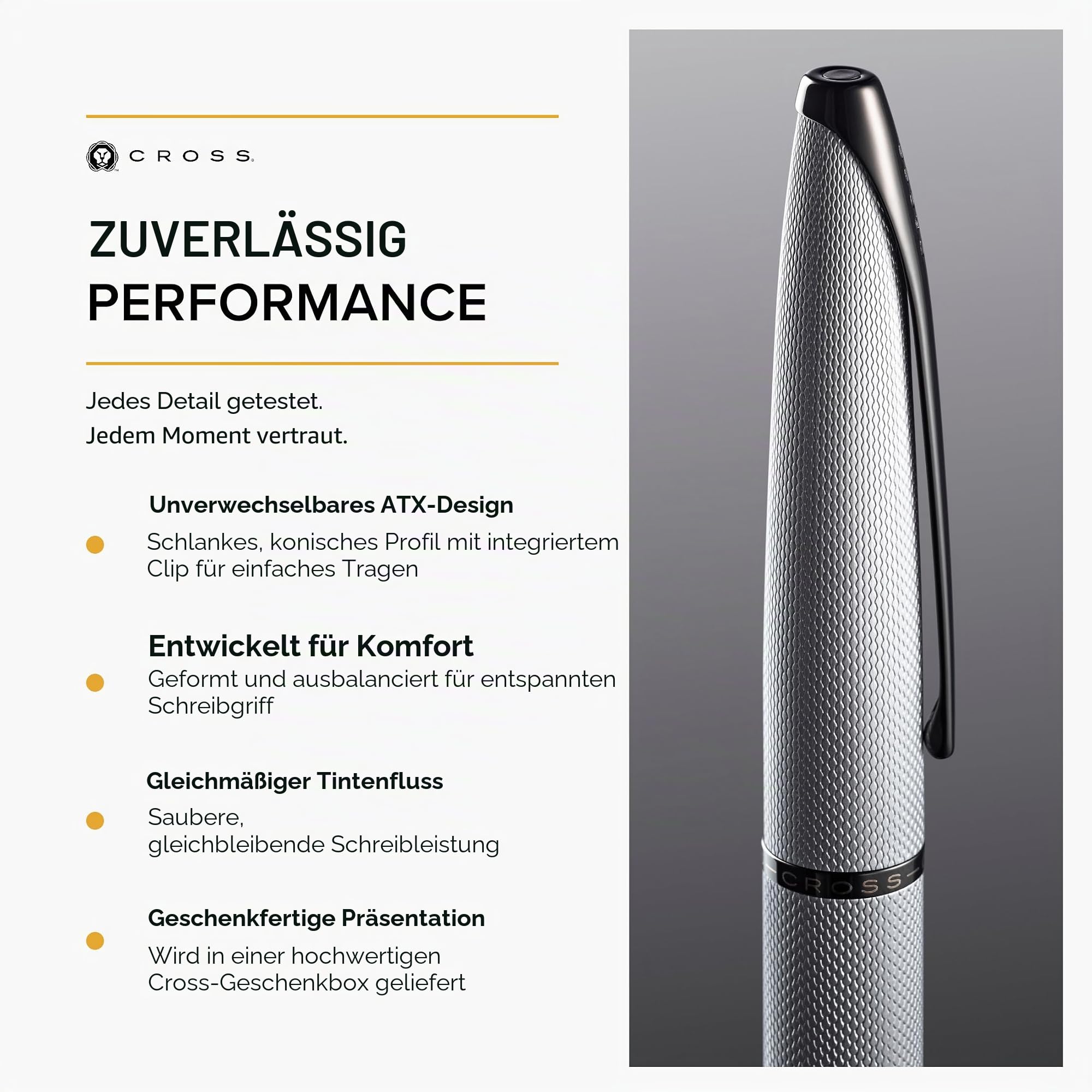 Cross ATX Rollerball (gefrästes Diamantmuster, Schreibfarbe schwarz, Strichstärke M, inkl. Geschenkbox) gebürstetes chrom