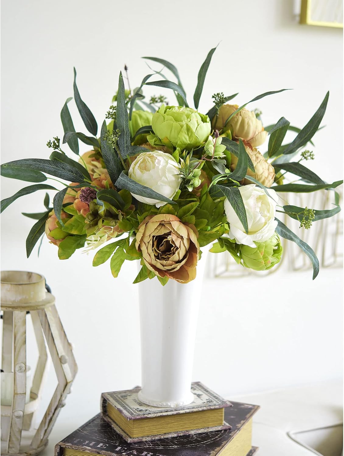 FiveSeasonStuff Rustic Brown, Beige & Green Artificial Peony Bouquets, 2 Silk Flower Bundles with Hydrangeas for Wedding & Dining Table Centerpieces, Living Room & Home Decor