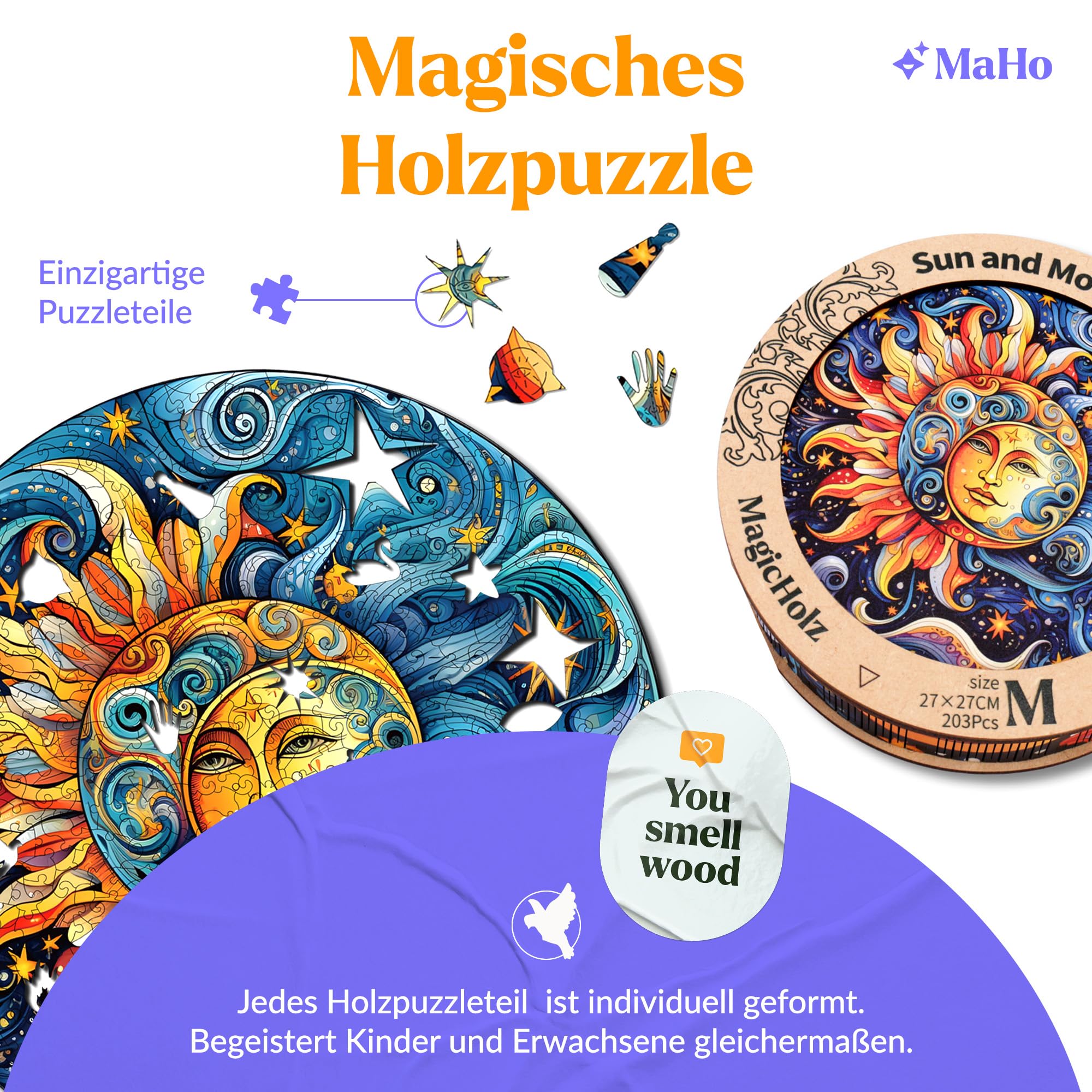 MagicHolz – Holzpuzzle Mandala Sonne und Mond – rundes Holz Puzzle Ø 47 cm – besondere Geschenkidee für Erwachsene – inkl.Premium Holzbox