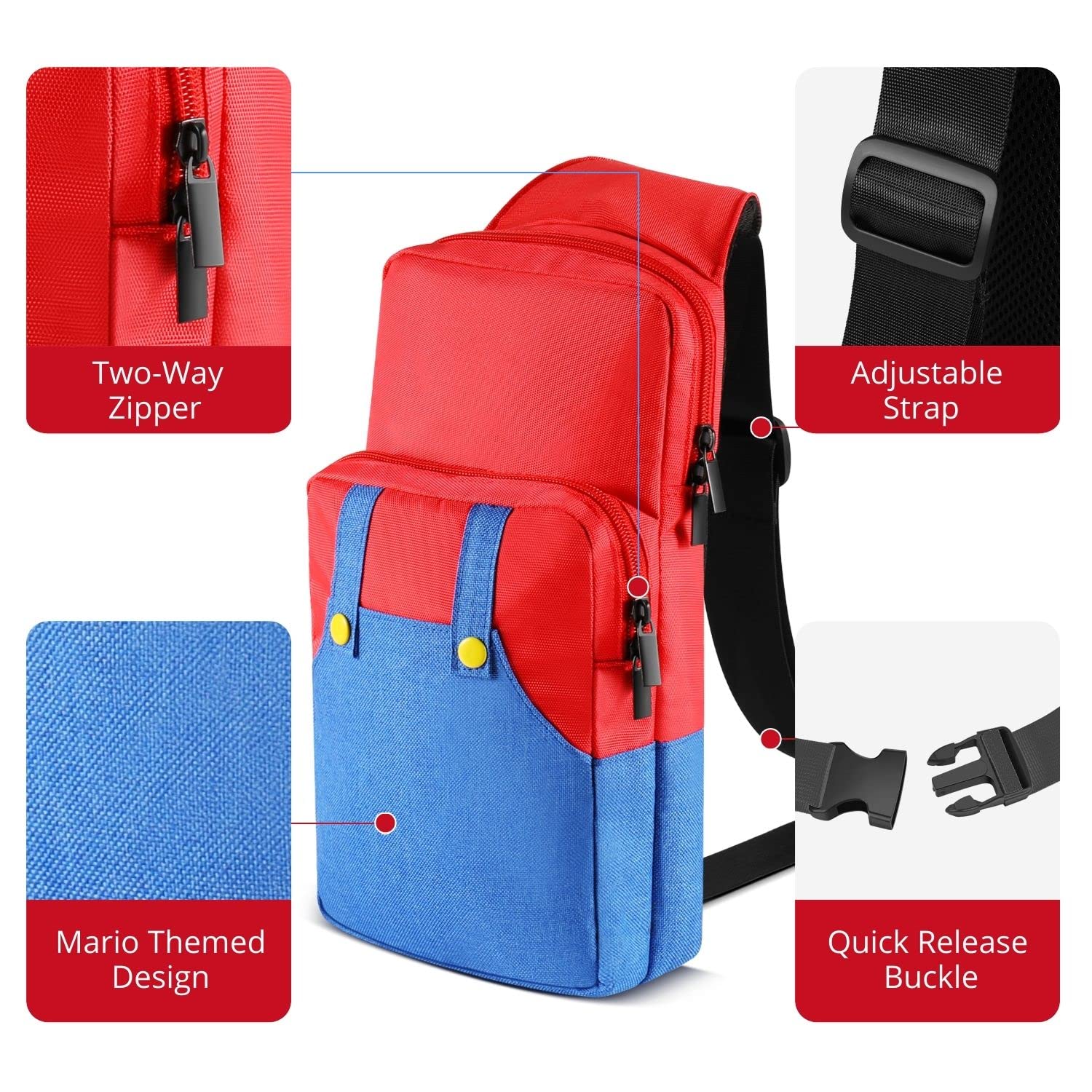 TNP Sacoche de Transport Compatible avec Nintendo Switch, OLED, Lite - Sac à Bandoulière pour Accessoires, Console, Joy-Con, Bloc d'Alimentation et Chargeur Dock - Super