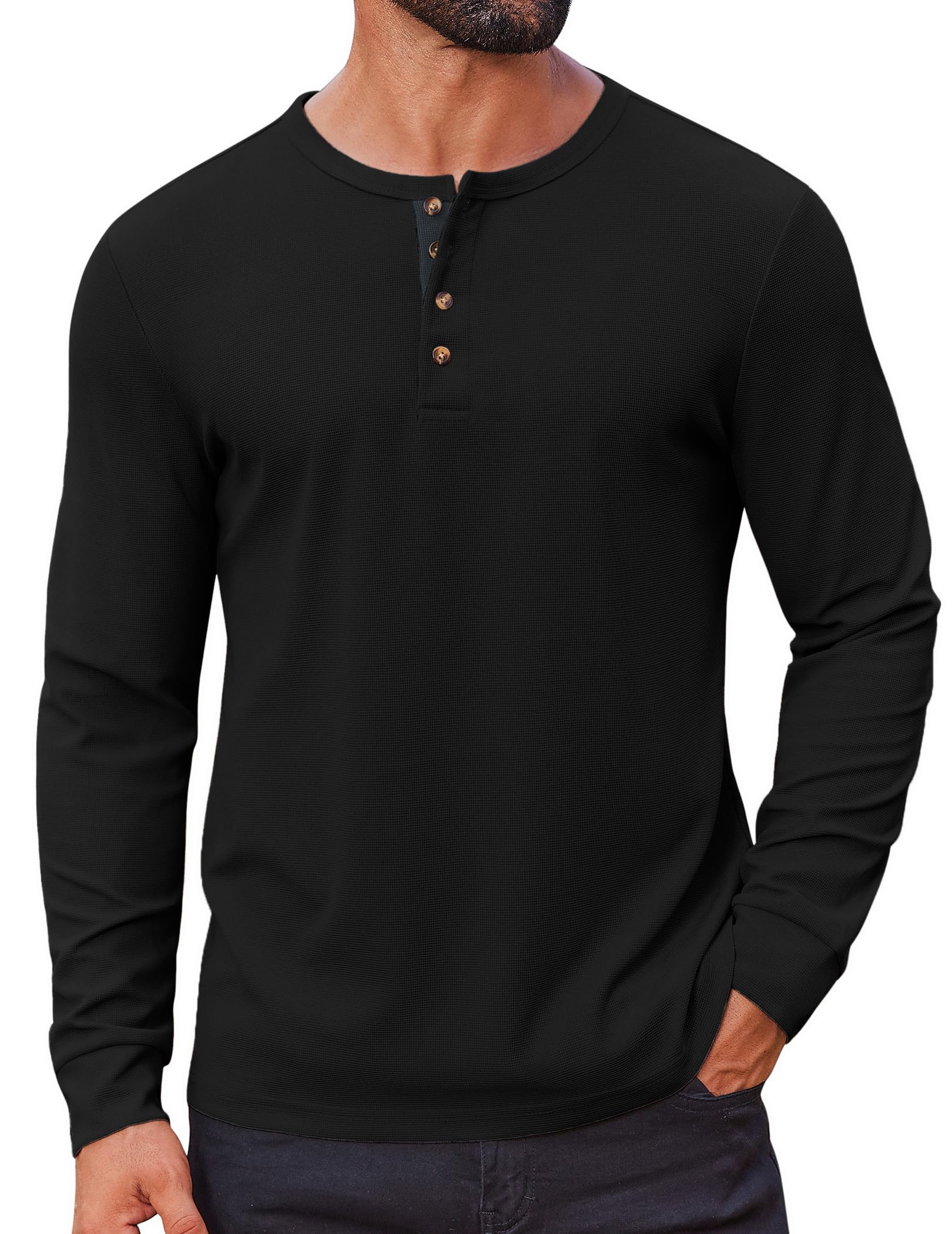 COOFANDY Mens Waffle Henley Shirts Long Sleeve Casual T-Shirt Basic Lightweight Pullover Tees