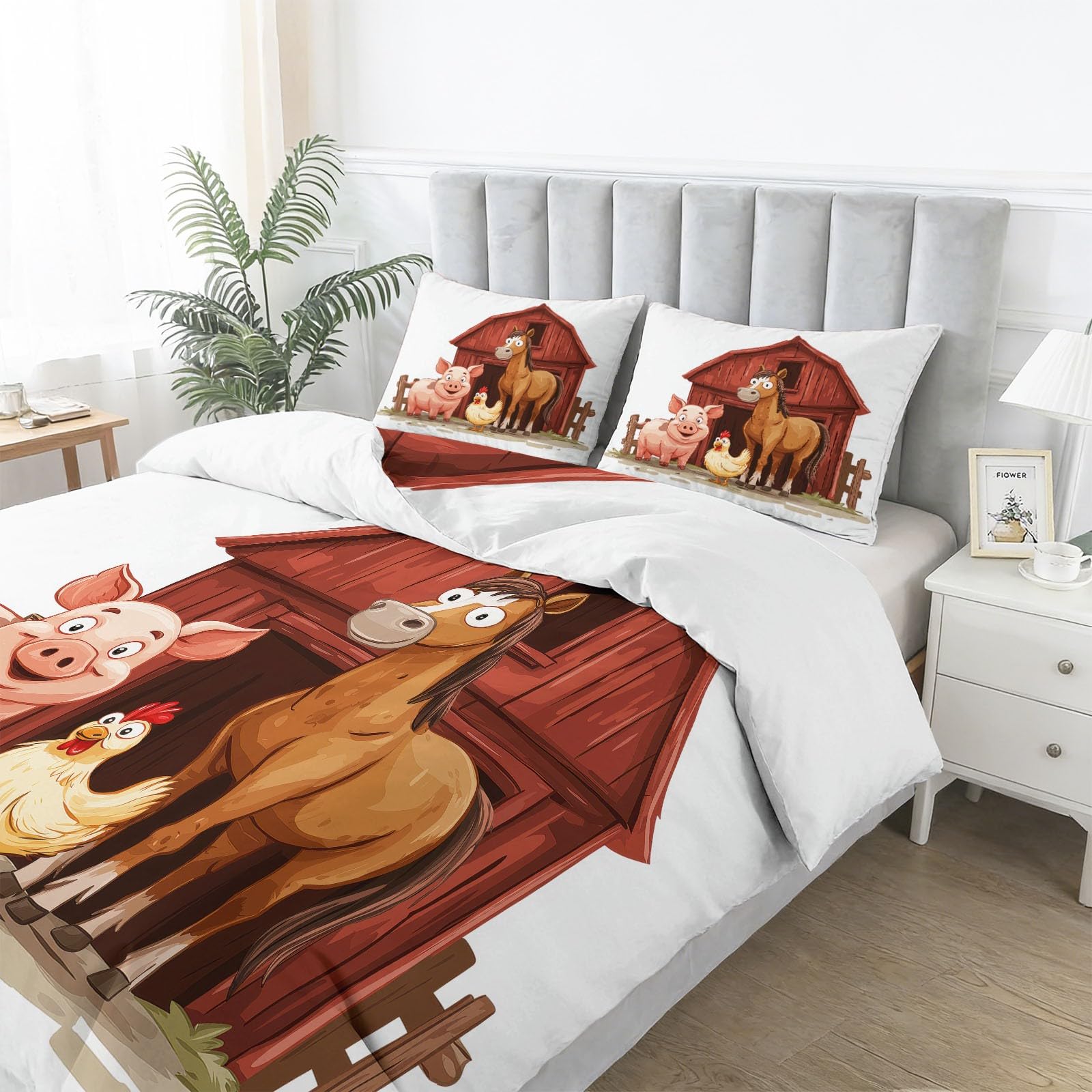 Zestaw dwustronnej pościeli z motywem kreskówki Barn, 140 x 200 cm, szczotkowana mikrofibra, narożne wiązania i zamek błyskawiczny, odporny na rdzę, zwierzęta świnia, koń kurczak