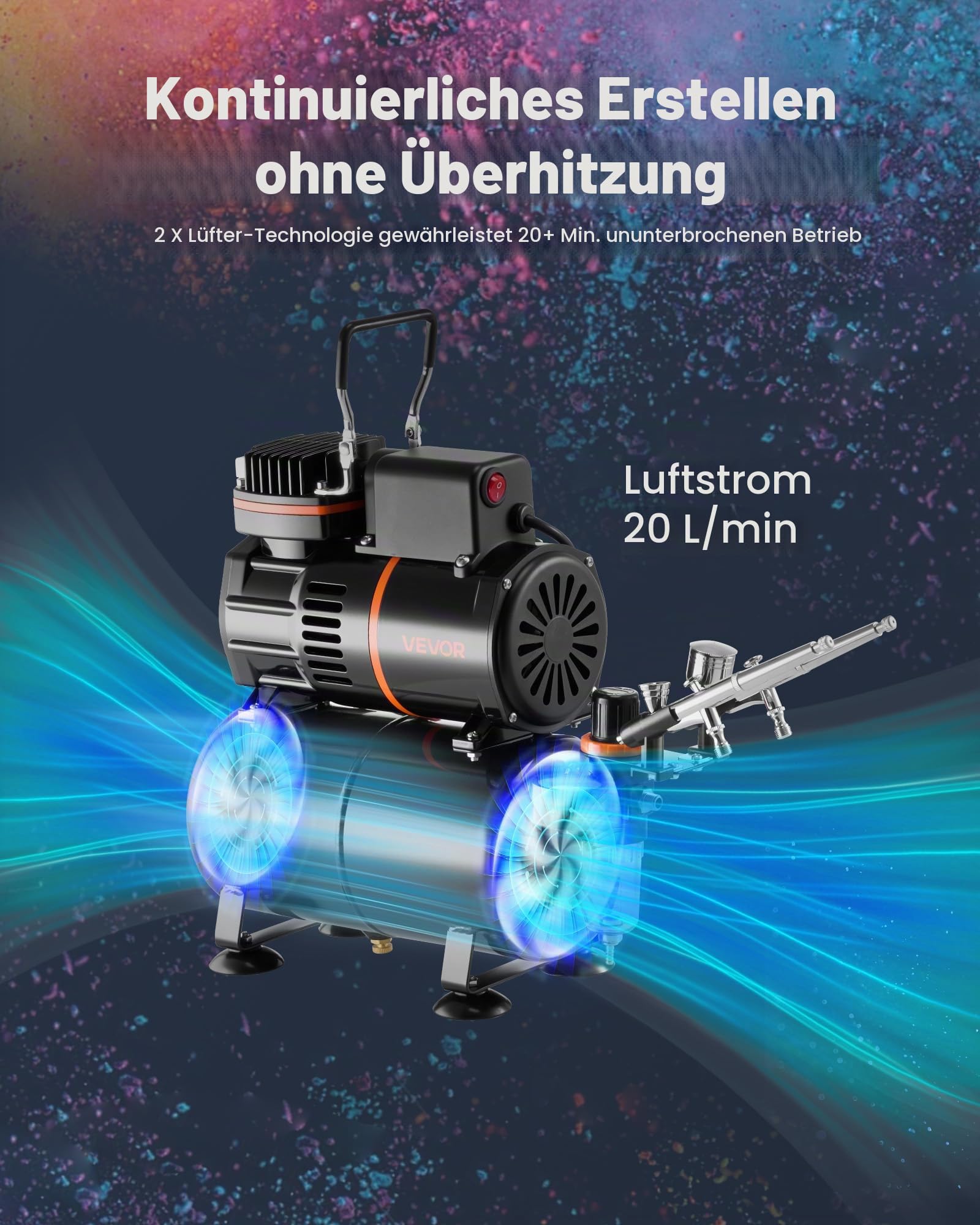 VEVOR Airbrush Set 1/6 PS mit Kompressor & Tank, Dual-Action 3 Airbrush-Pistolen mit 3 Düsen (0,3/0,3/0,5 mm) & Schlauch & Acrylfarbe & 2 Ventilatoren, für Kuchendekoration Modellmalerei Nagelkunst