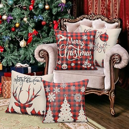 Miniatura 3 de Juego de 4 fundas de almohada de Navidad de 16 x 16 pulgadas, almohadas rojas para decoración de fiestas, decoración de sofá de Navidad para