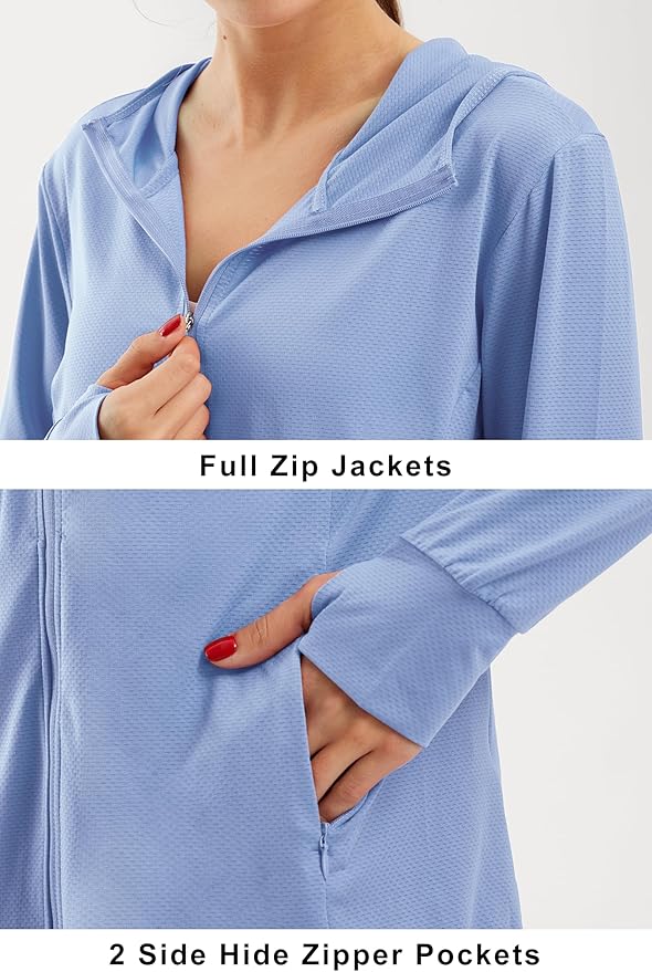 AjezMax Wandelshirt voor dames, UV-shirt, lange mouwen, hardloopshirt met UPF 50 , functioneel shirt, sneldrogend outdoor shirt met lange mouwen, lichtgewicht zomer-T-shirt, Zee Blauw, XS