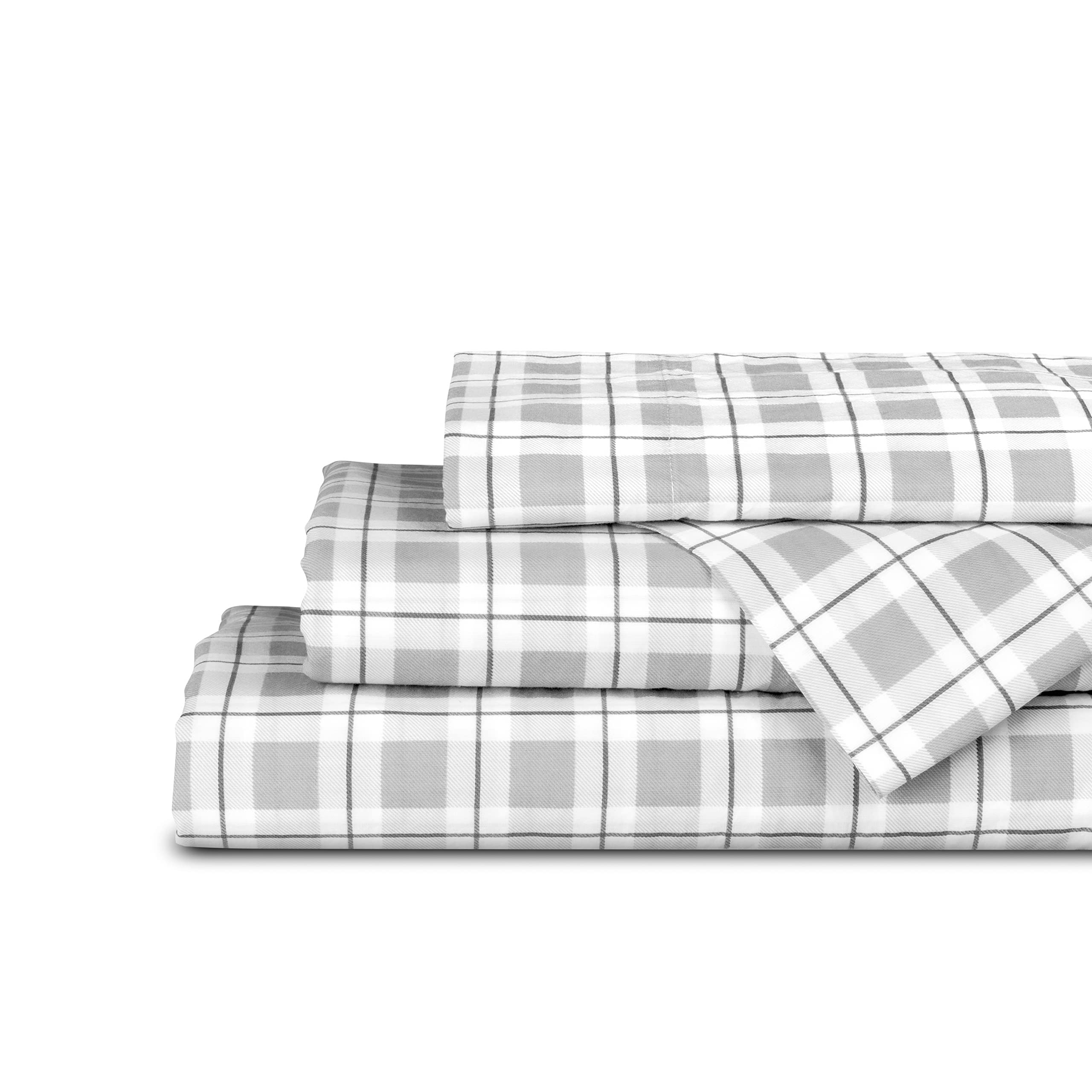 Linen Home Cotton Lyocell Blend Percale Sheet Set Twin Size - 3 Piece Deep Pocket Bedding, Pre-Washed &amp; Shrunk, Crisp Cooling Fabric, Fade-Resistant, Hotel Luxury, Wrinkle-Free - Checks Silver