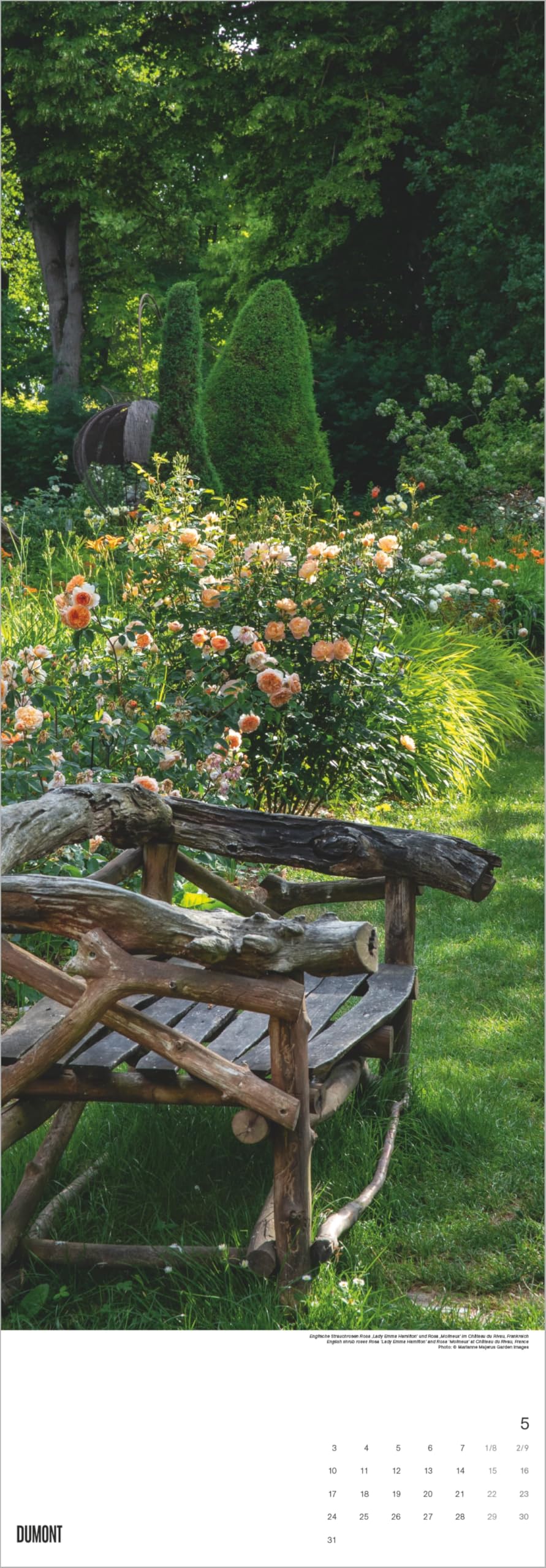 Gärten 2027: Wandkalender 34x98 cm mit 12 Gartenfotografien und sprachneutralem Kalendarium