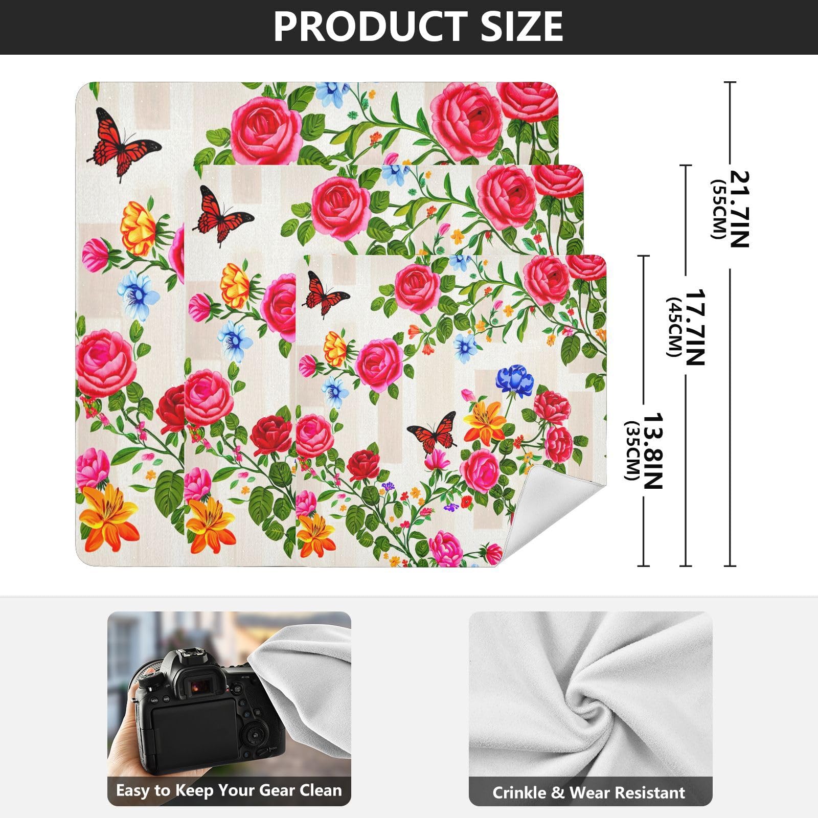 ODAWA Camera Dust Bag 21.7 In, Floral Colorful Roses Makeup Wrap Cloth Bag, Easy-Storage Magic Cloths for Camera