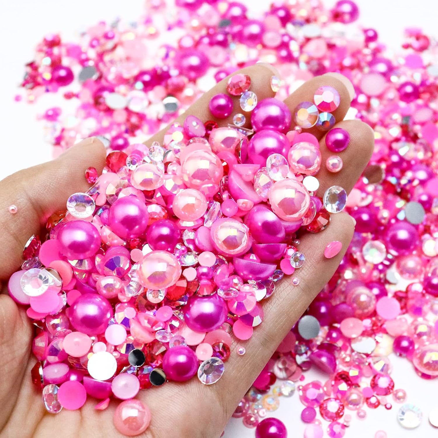 60g Mix Flatback Pearls and Rhinestones for Crafts, 2-10mm Pearl Nails Face Art Tumblers, Mix Pearls, with Picker Pen, Light Pink|Hot Pink|Clear - Image 2
