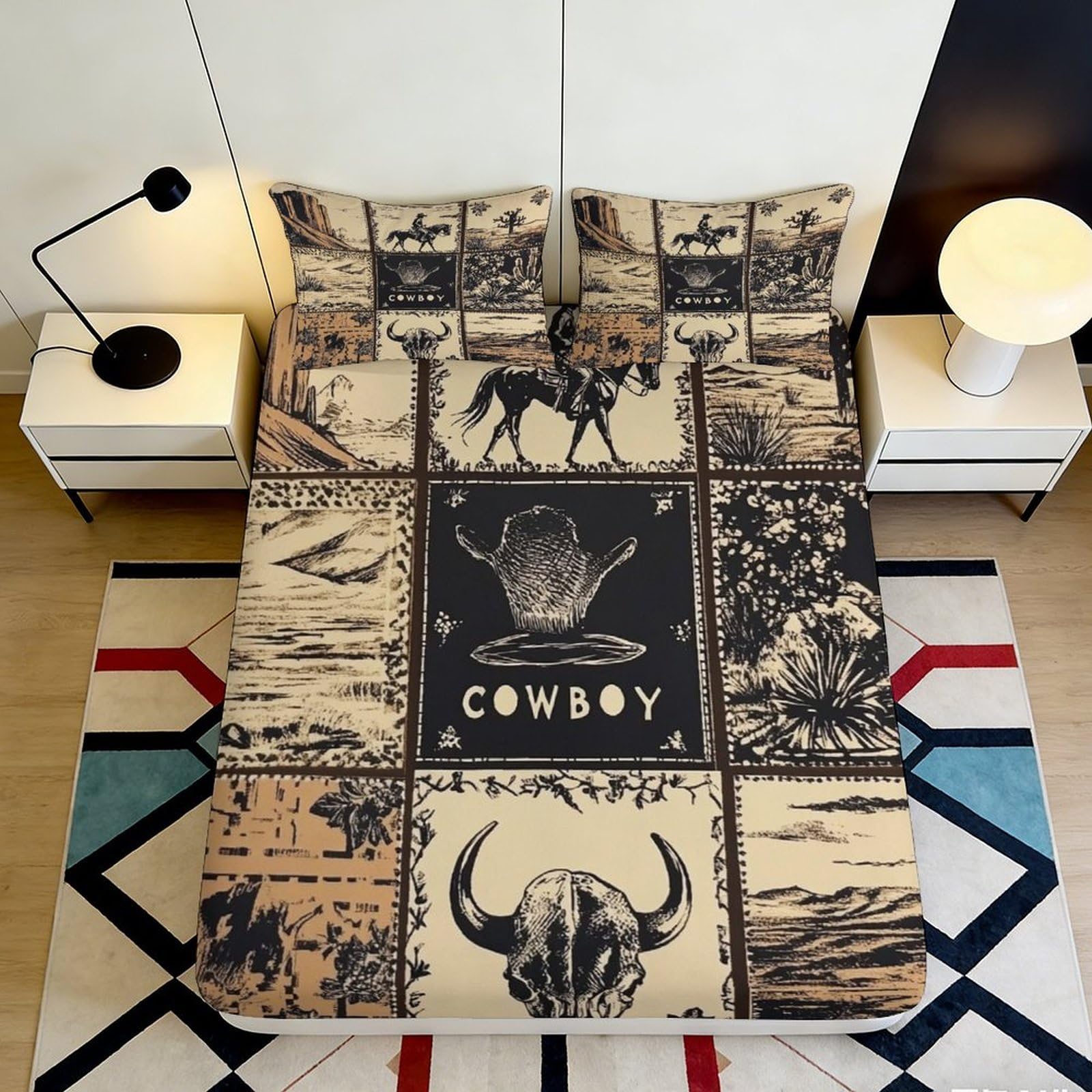 3D Printed Western Cowboy Fitted Sheet Microfiber Soft Breathable Vintage Bull Skull Bed Cover for Bedroom Decor 90x200x25cm