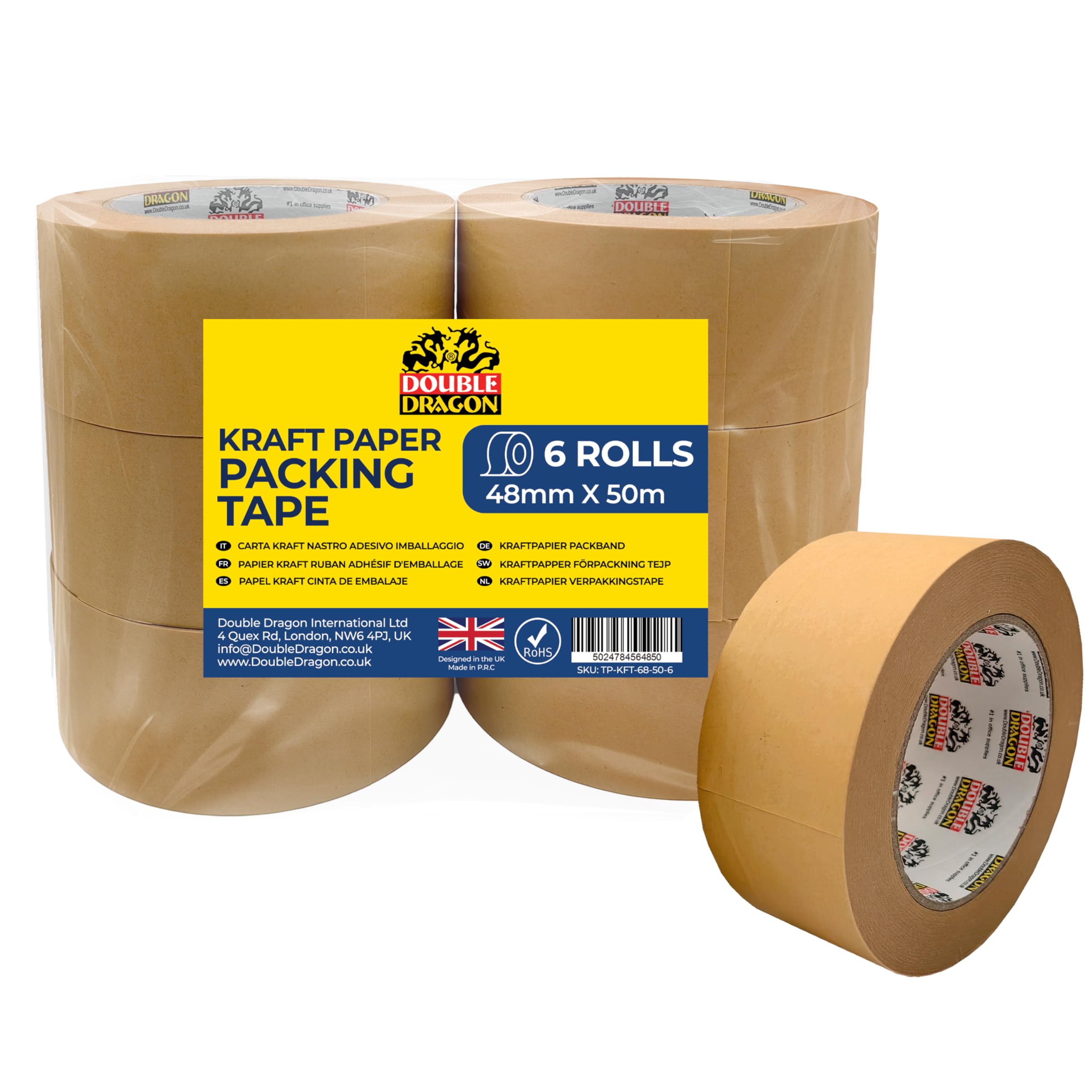 Double Dragon Heavy Duty Brown Kraft Tape 50m Long, 48mm Wide (6 Rolls) | Writable, Self-Adhesive Recyclable Tape for Packing, Shipping, Sealing Boxes, Moving & Wrapping | Eco-Friendly & Biodegradable
